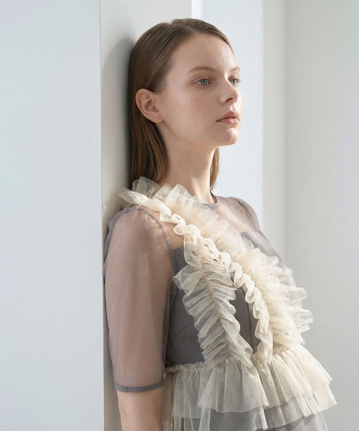 【当日発送】アシンメトリーフリルチュールIラインワンピースドレス