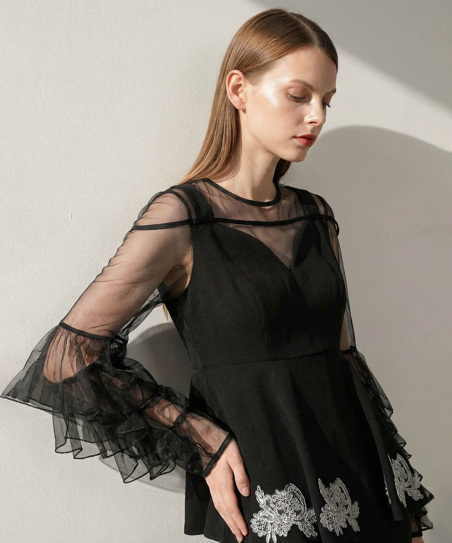 【当日発送】シアースリーブフリルペプラムタイトスカートセットアップドレス