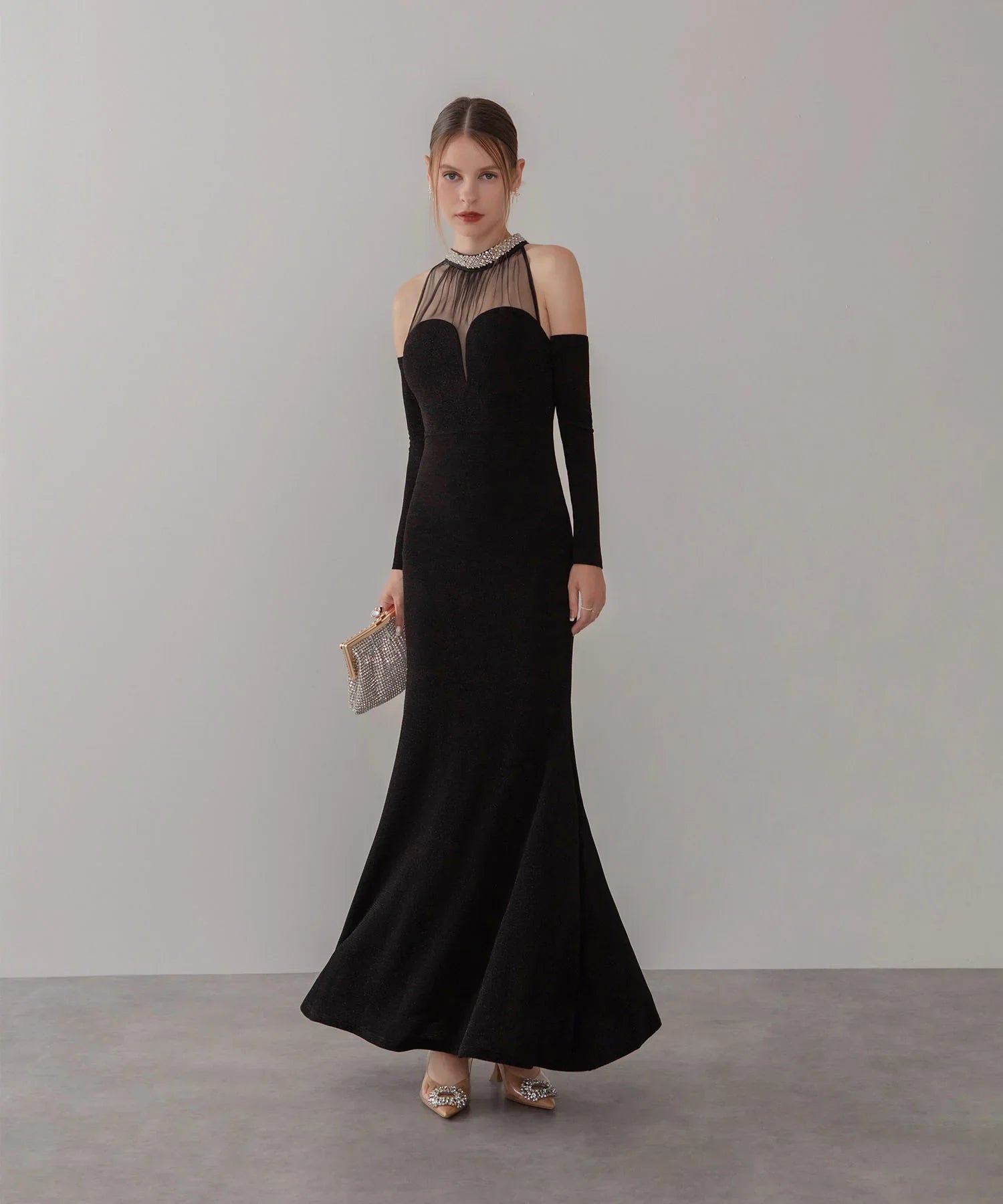 【LEJA LUXE】2WAYシアーネックビジューデザインブラックマーメイドロングドレス