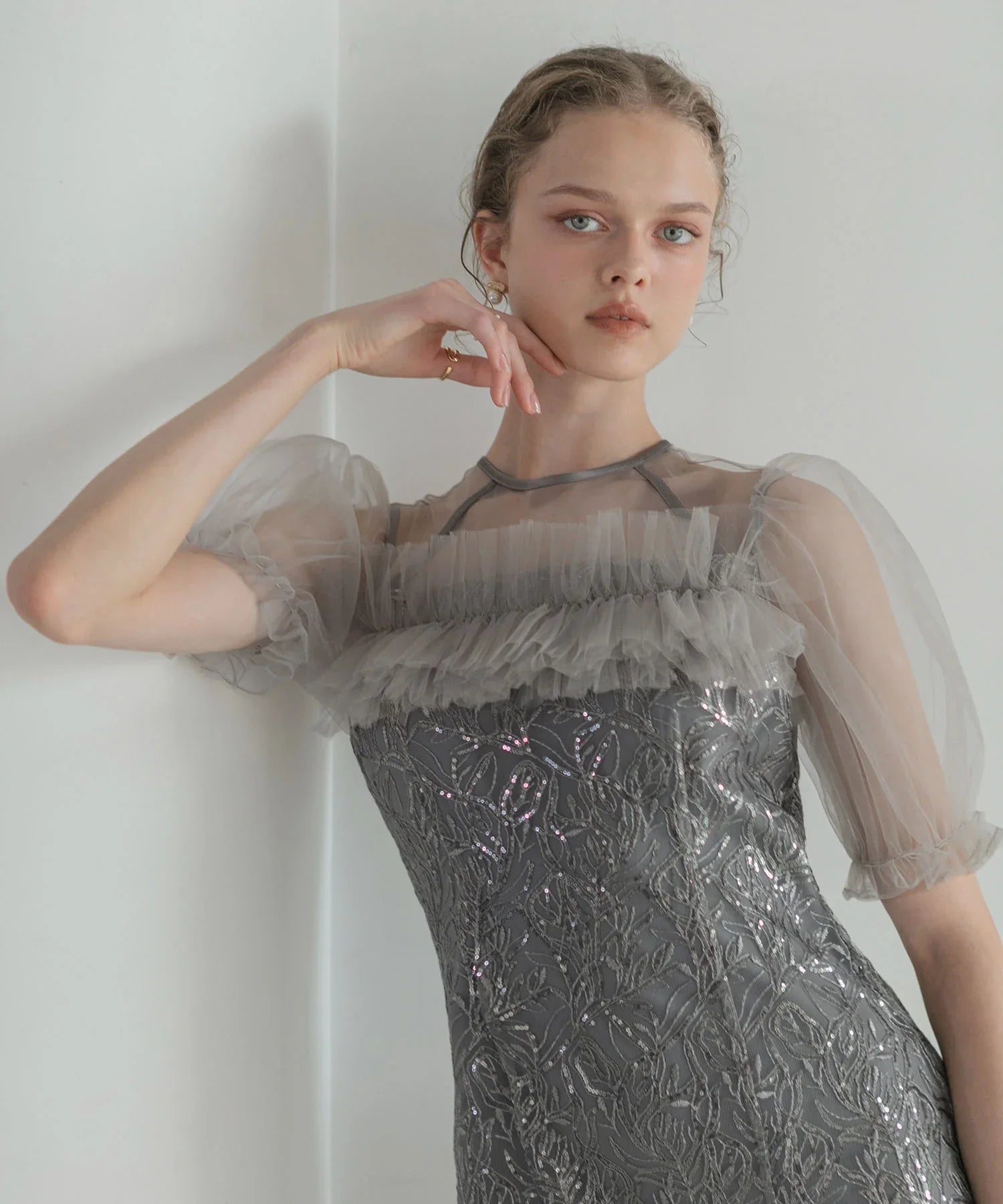 【当日発送】チュールフラワースパンコールIラインワンピースドレス