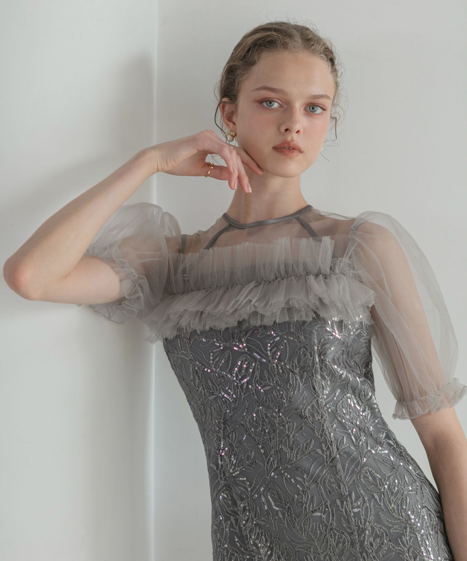 【当日発送】チュールフラワースパンコールIラインワンピースドレス