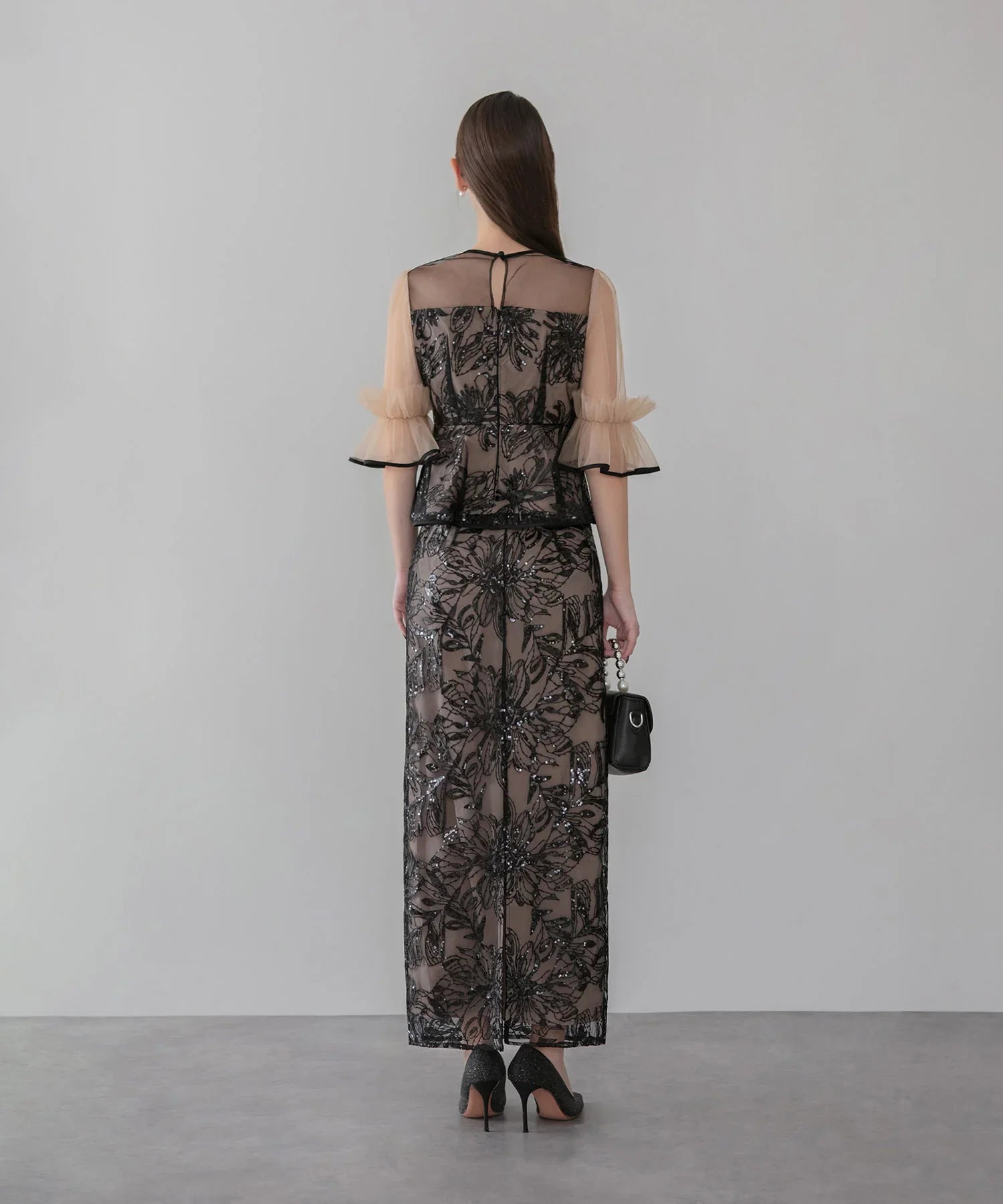 【当日発送】アシンメトリーシアーフラワースパンコールフリルチュール セットアップドレス