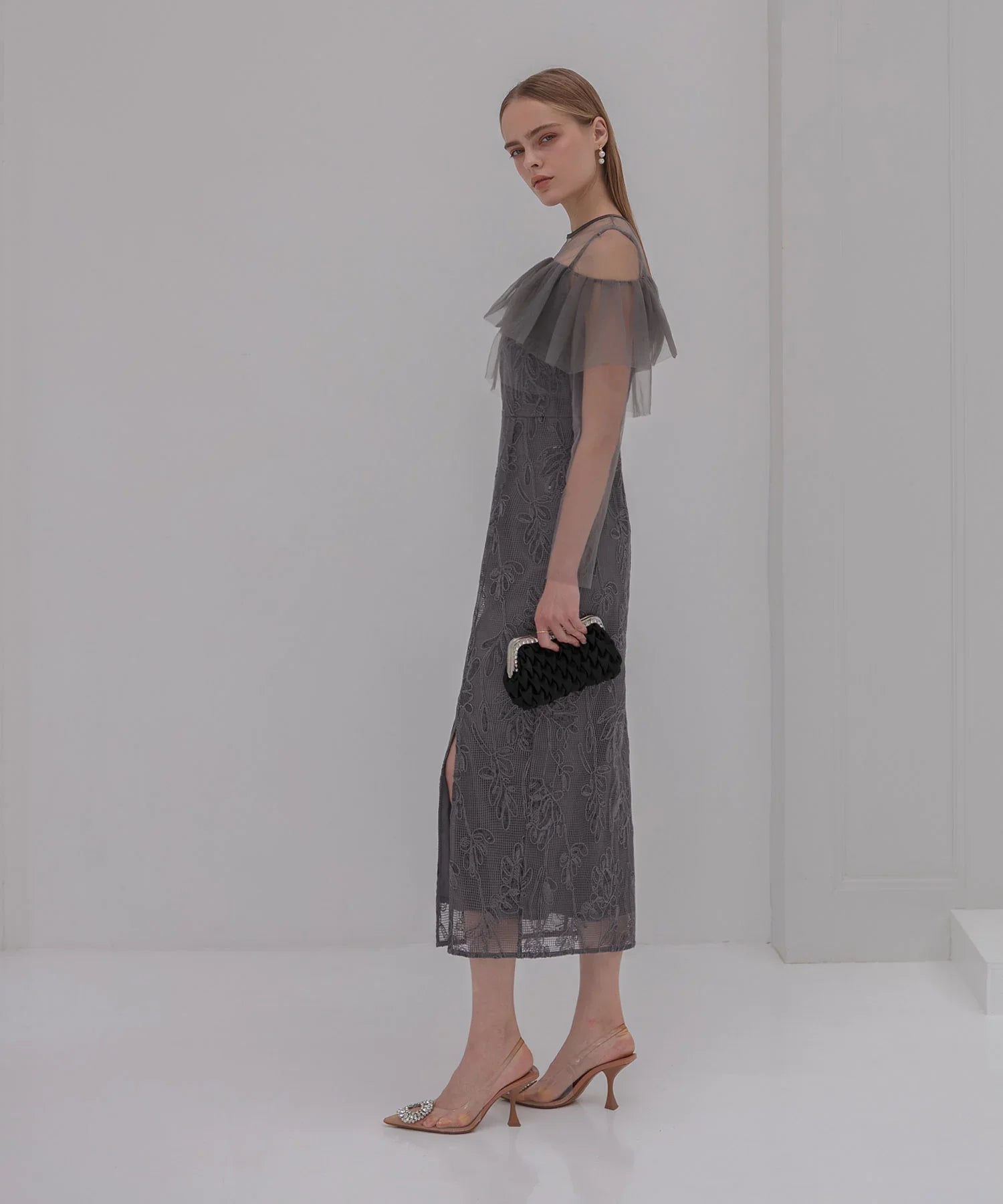 【当日発送】2WAYアシンメトリーフリルチュールフラワーIラインワンピースドレス