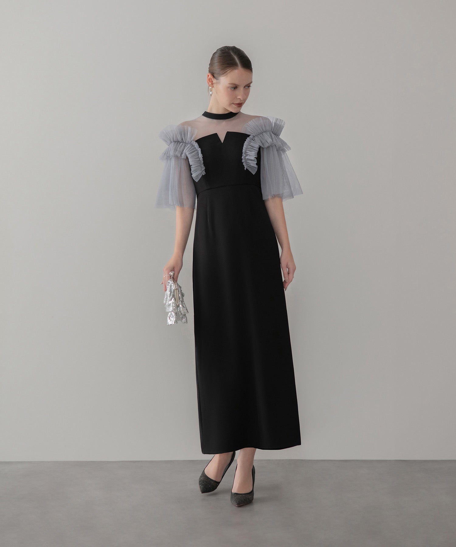 【当日発送】チュールフリルショルダーシアーIラインワンピースドレス