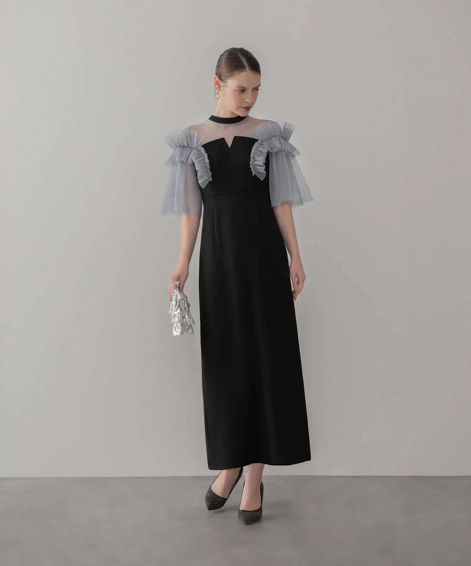 【当日発送】チュールフリルショルダーシアーIラインワンピースドレス