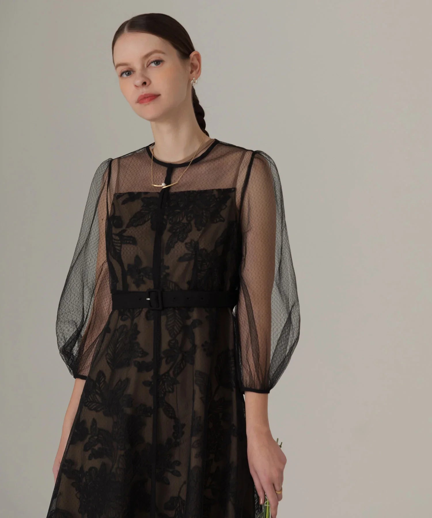 【当日発送】チュールパイピングリーフベルトAラインワンピースドレス