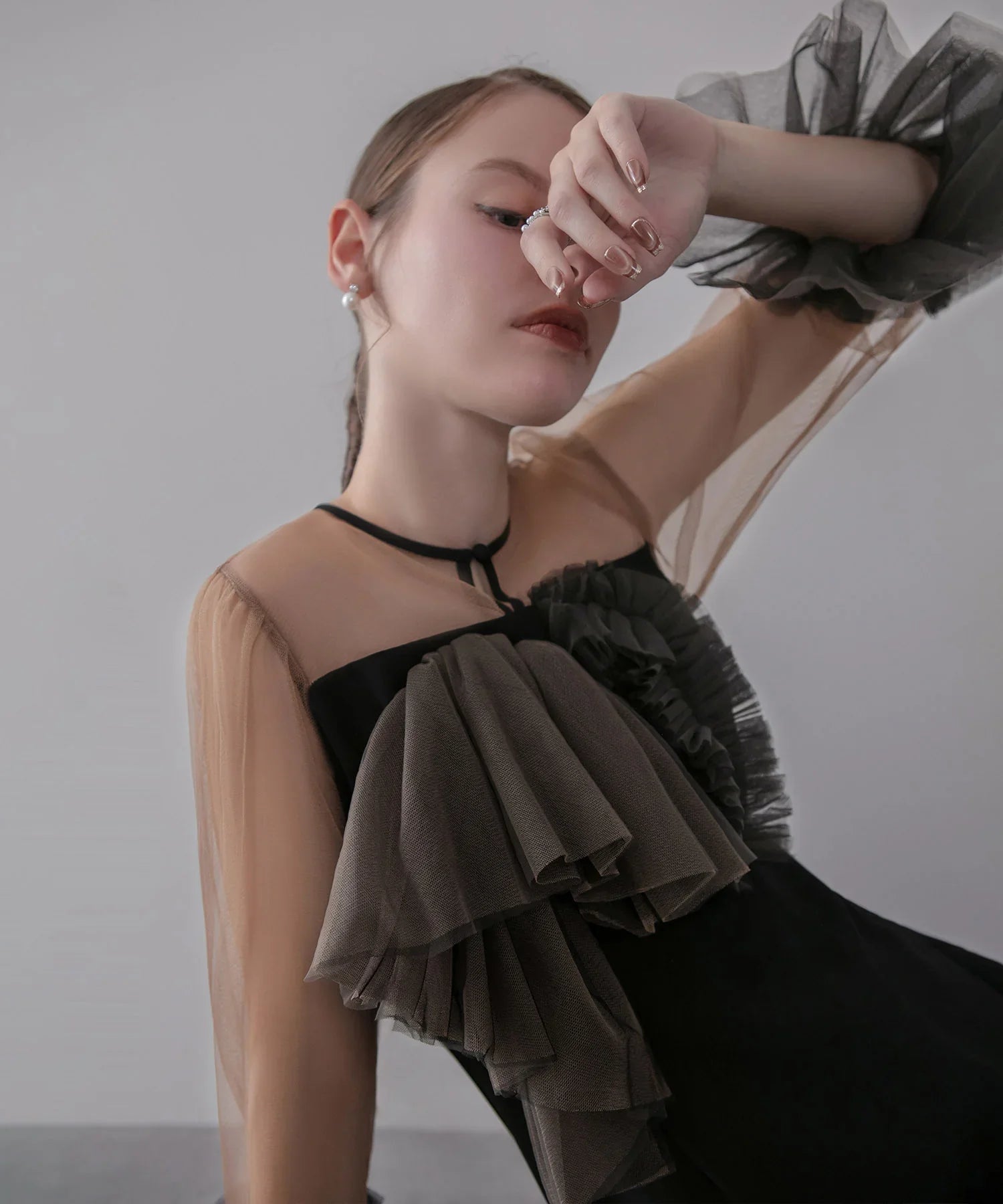 【当日発送】チュールフリルスリーブIラインワンピースドレス