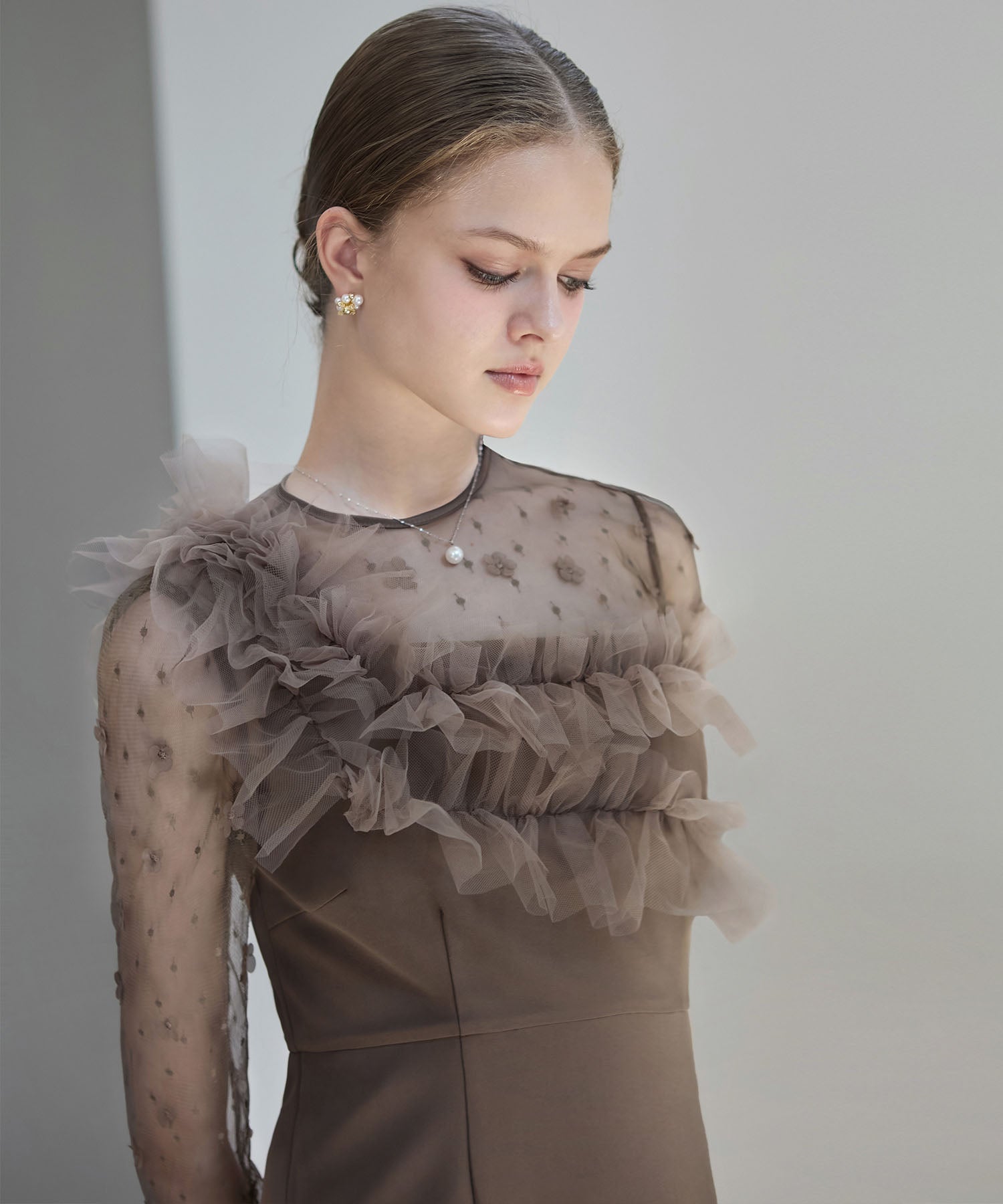 【当日発送】フラワーモチーフアシンメトリーチュールマーメイドワンピースドレス