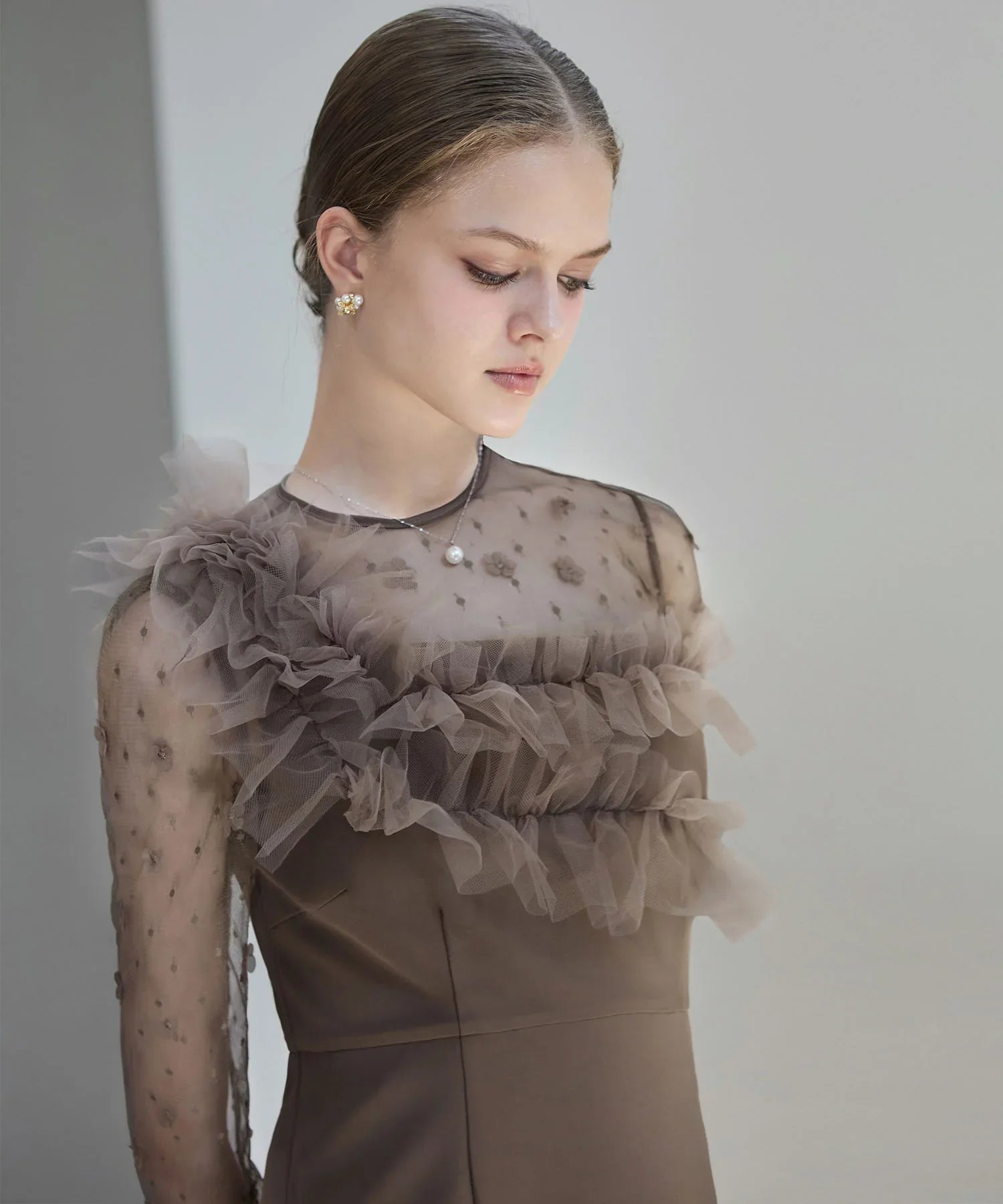 【当日発送】フラワーモチーフアシンメトリーチュールマーメイドワンピースドレス