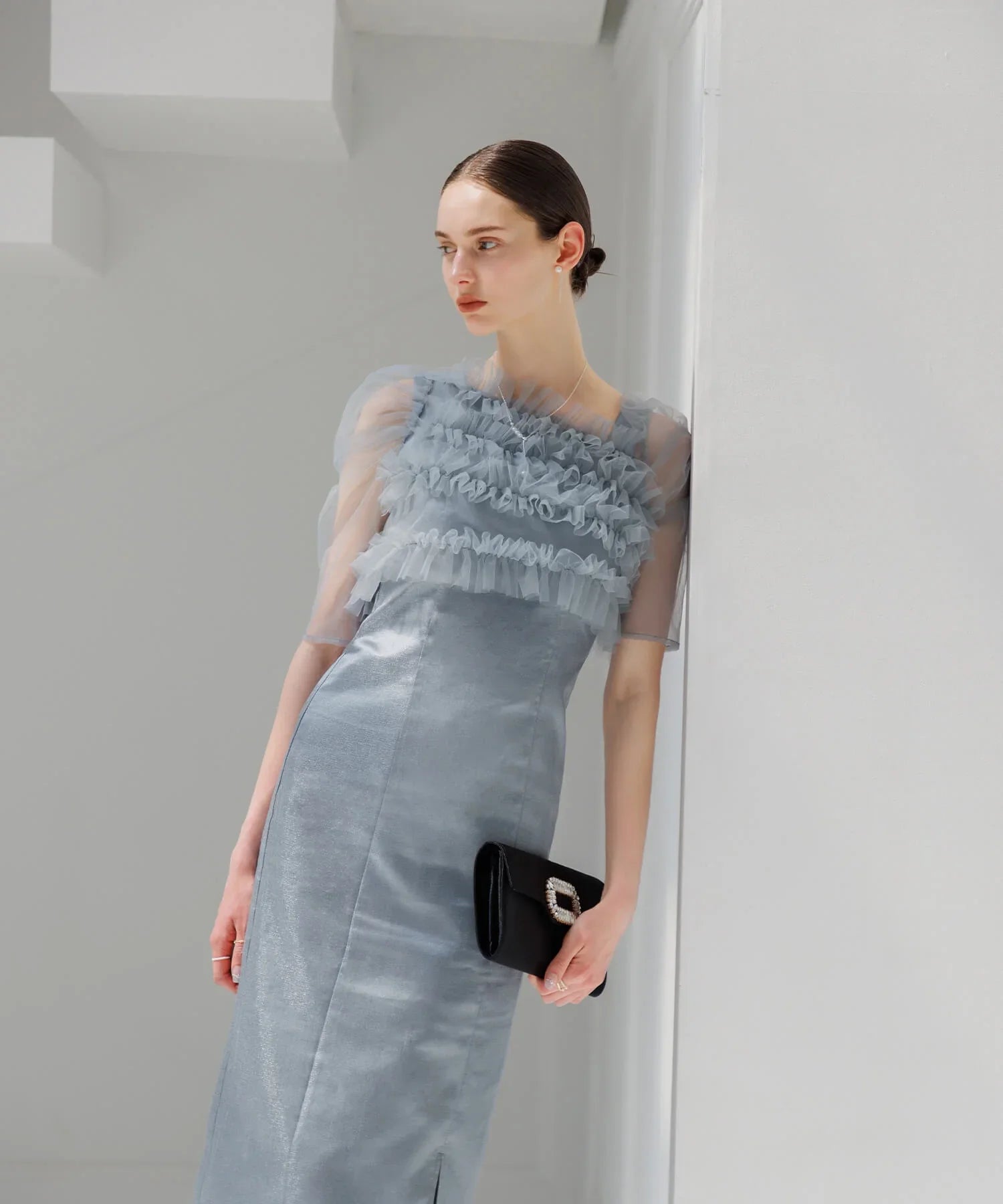 【SOLD OUT】チュールアシンメトリーティアードフリルIラインワンピースドレス