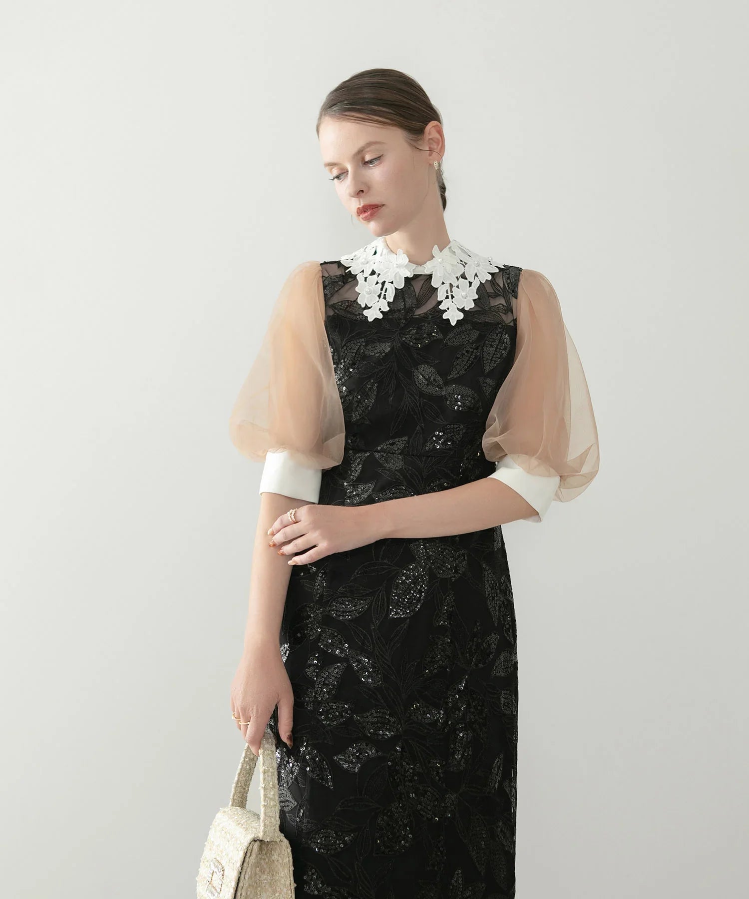 【当日発送】レースカラーリーフスパンコールパフスリーブIラインワンピースドレス