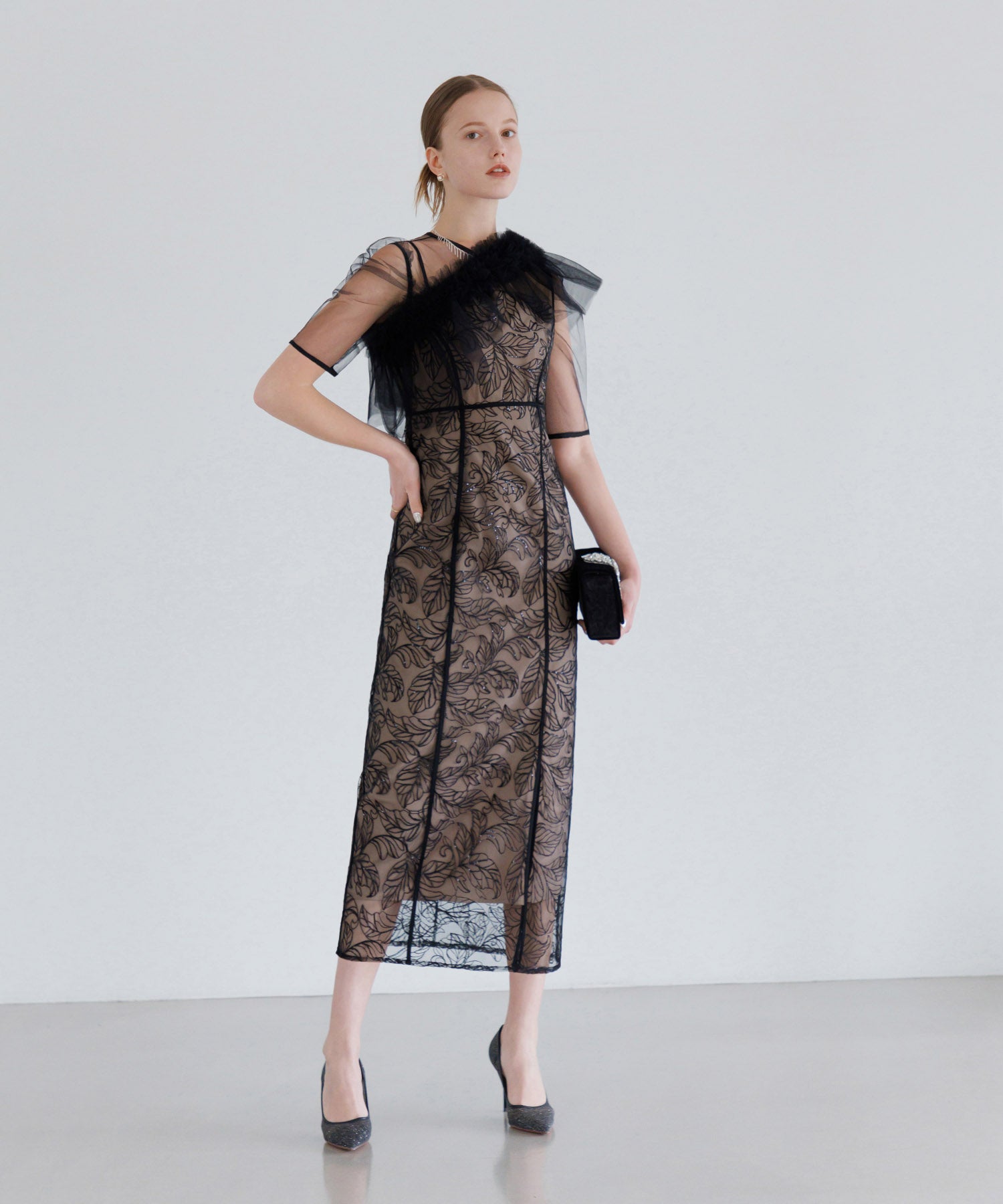 【当日発送】3WAYフラワーチュールアシンメトリーIラインワンピースドレス