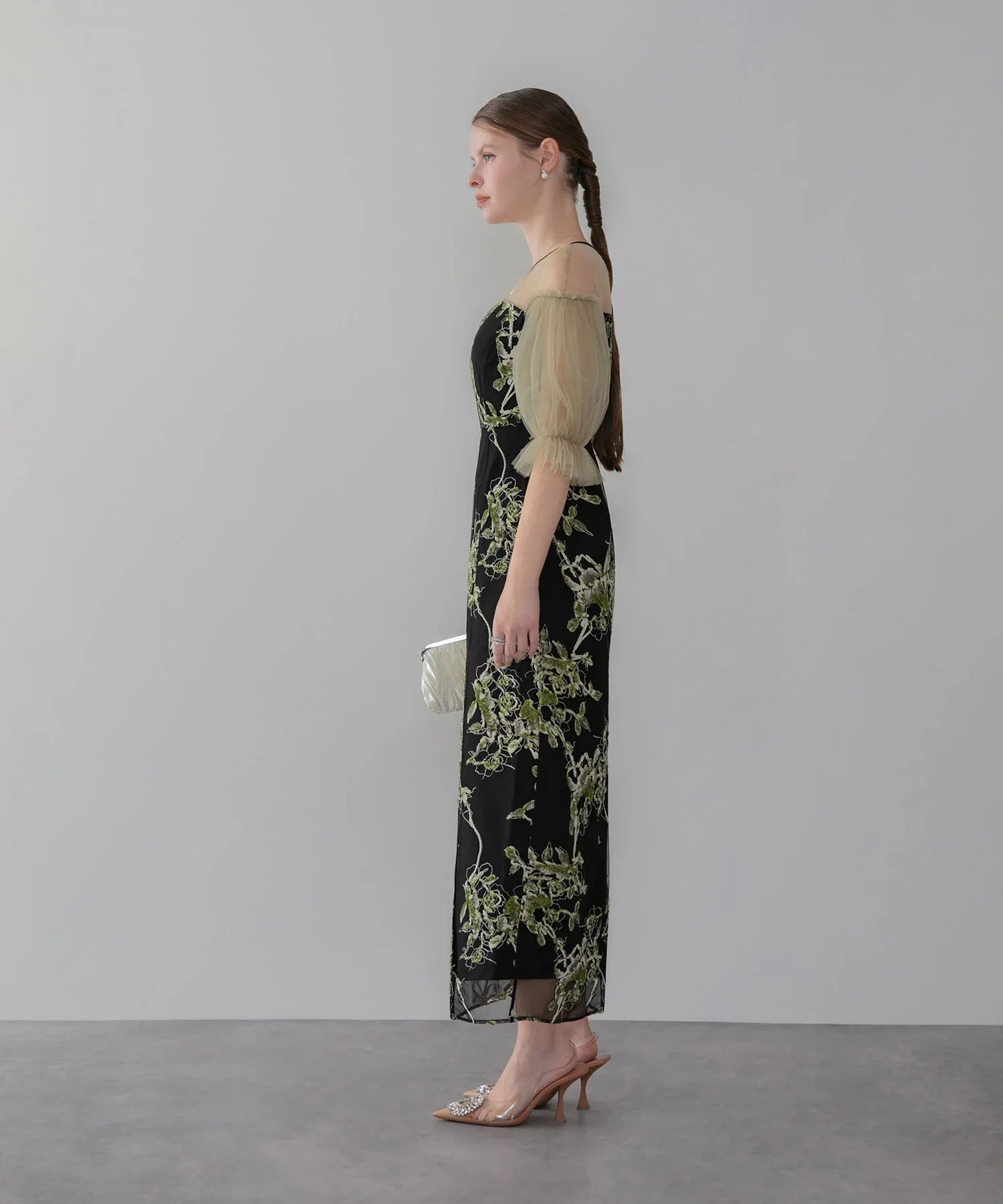 【当日発送】フラワーリリーフマテリアルボリュームスリーブIラインワンピースドレス