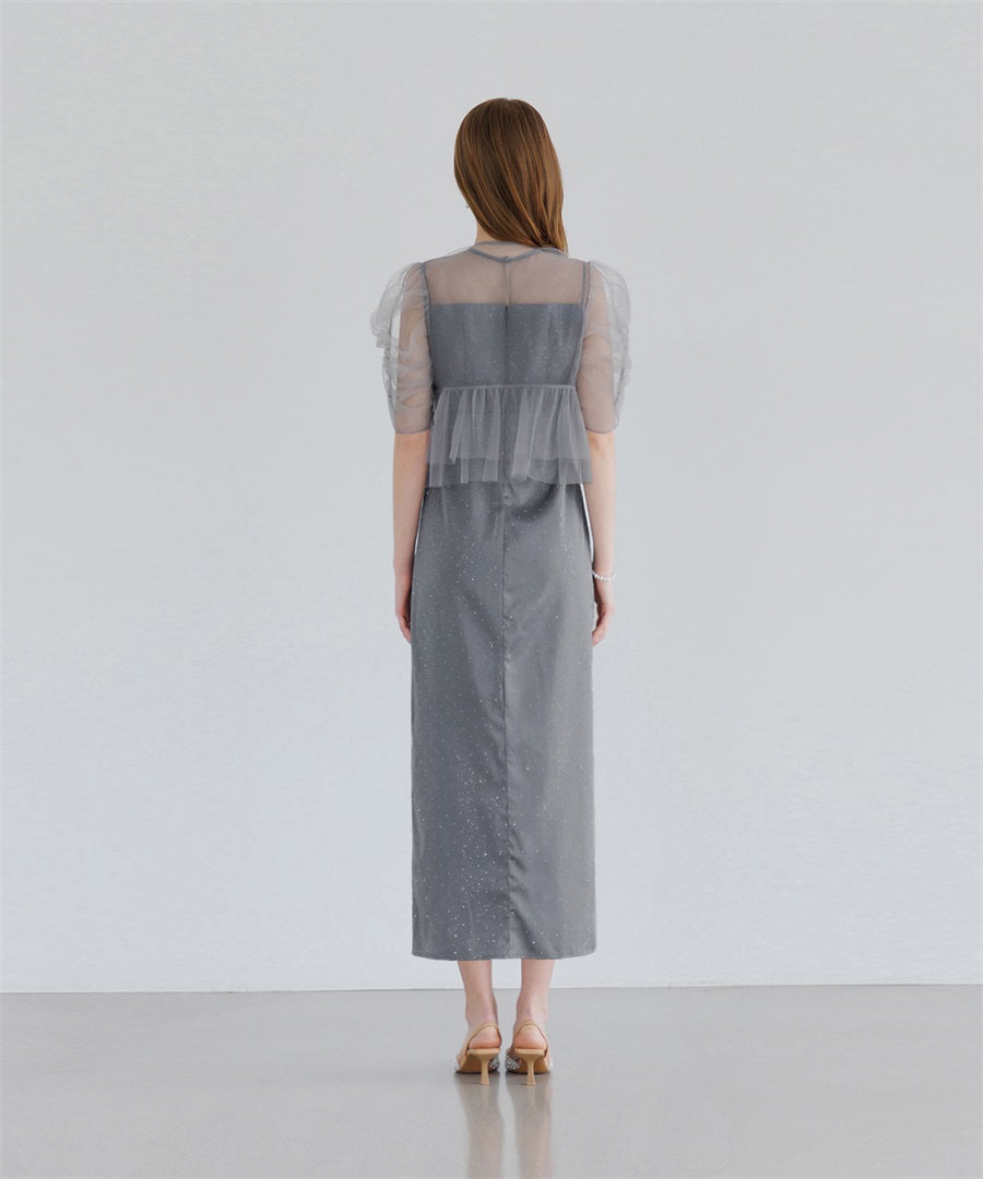 【当日発送】チュールフラワーモチーフドットストーンIラインワンピースドレス