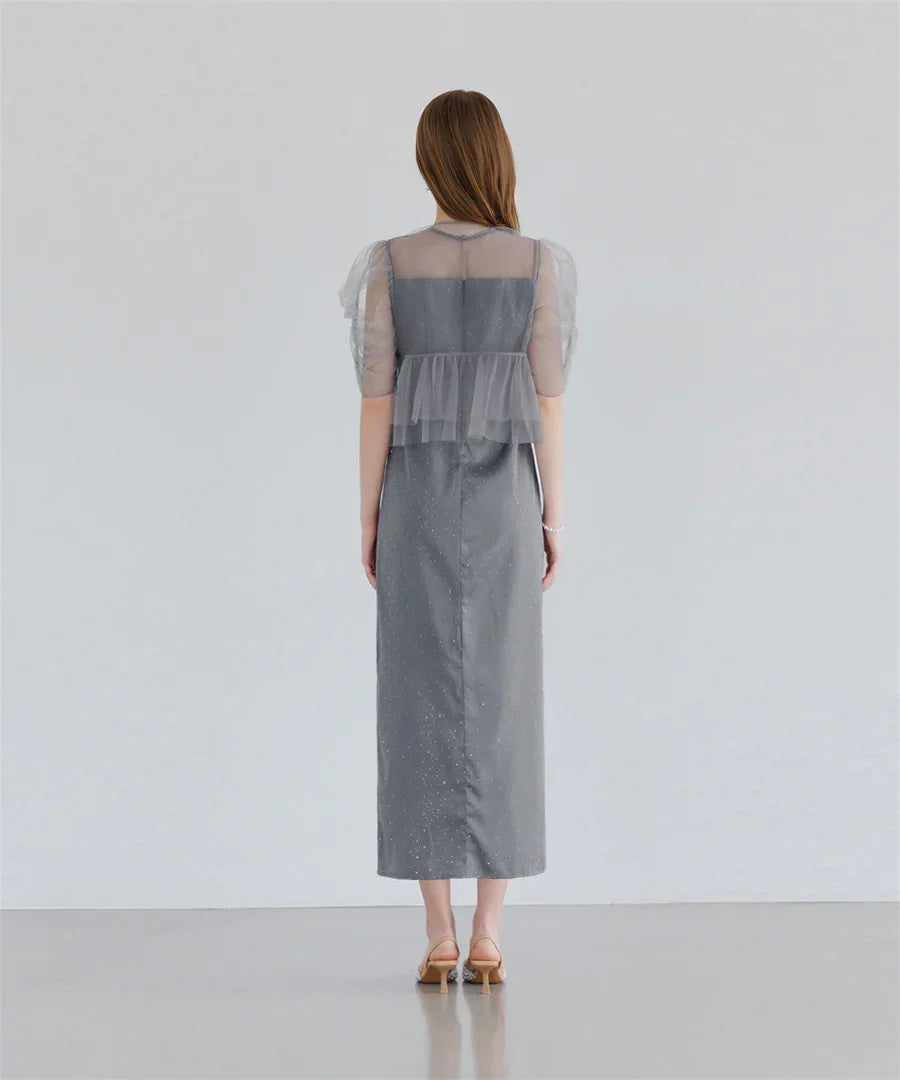 【当日発送】チュールフラワーモチーフドットストーンIラインワンピースドレス