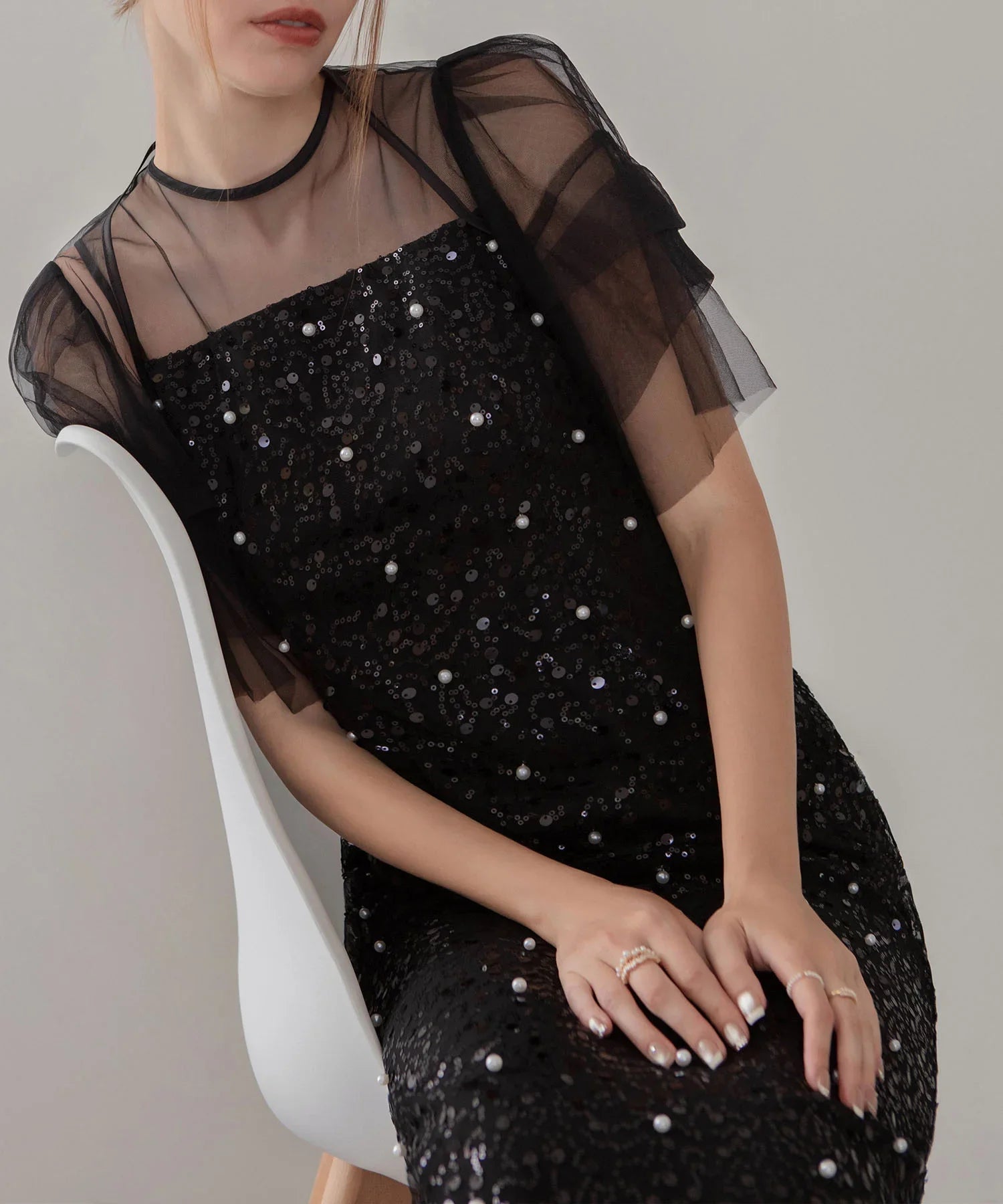 【当日発送】スパンコールパールミックスボレロIラインワンピースドレス