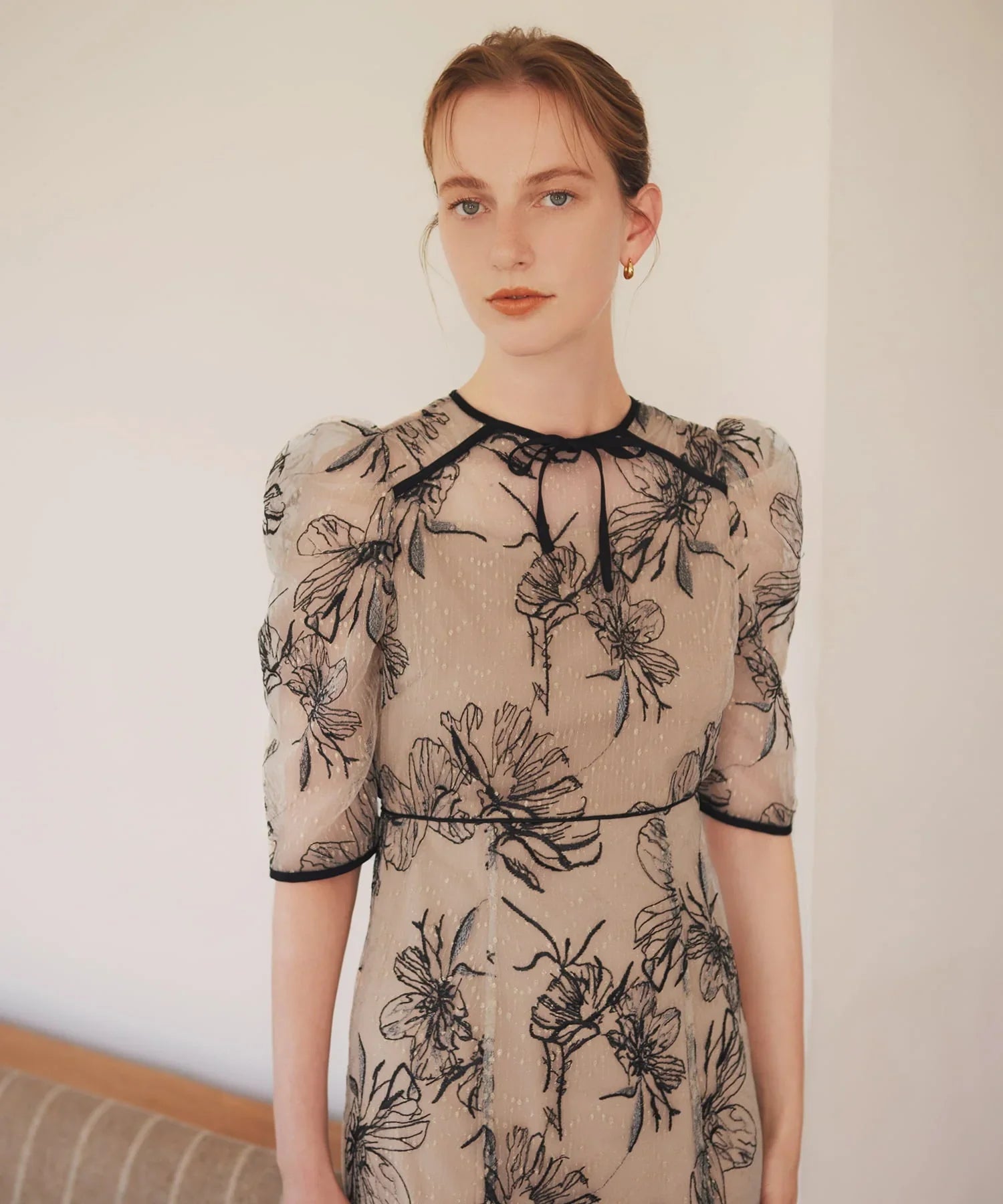 【当日発送】花柄リボンパフスリーブマーメイドワンピースドレス