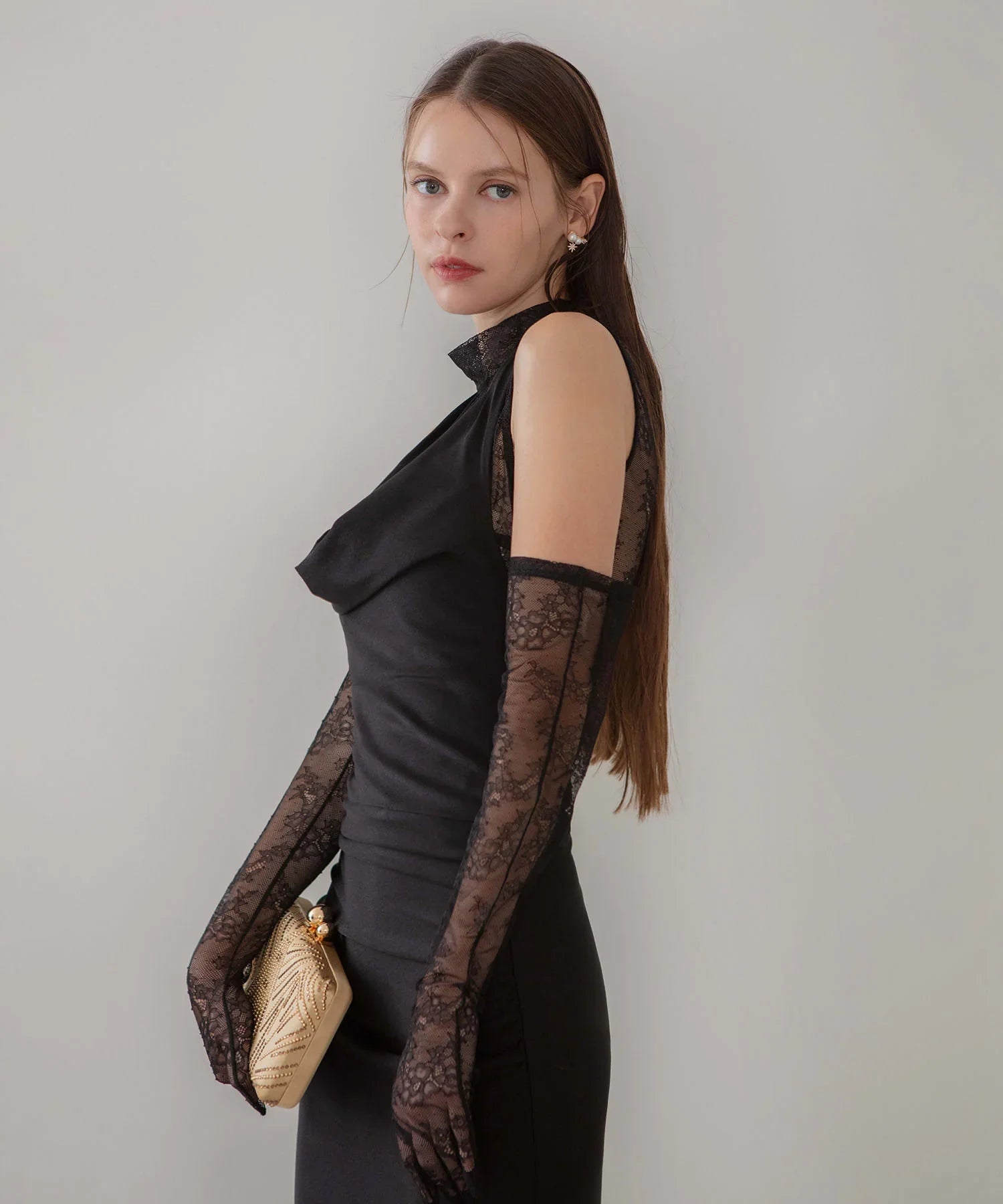 【LEJA LUXE】2WAYシアーレースグローブクラシックブラックマーメイドドレス