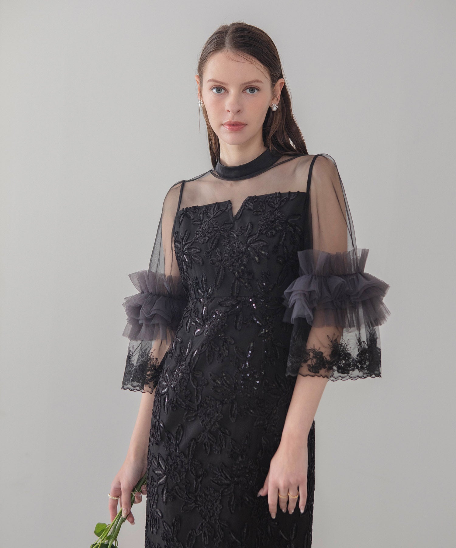 【COMING SOON】シアーチュールフラワーレースIラインワンピースドレス