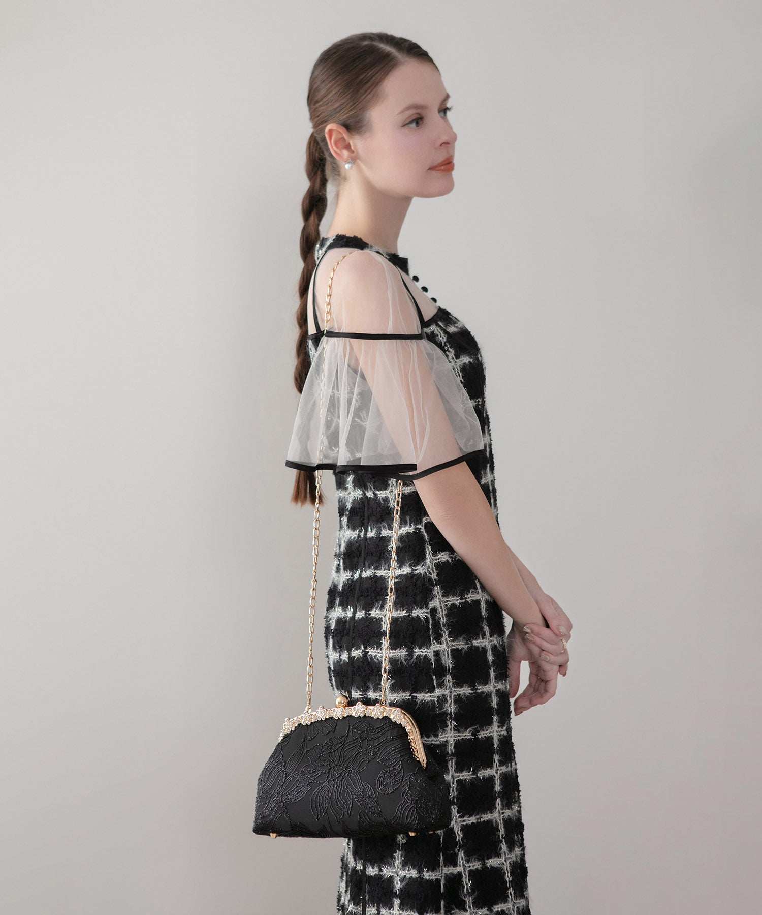 【当日発送】ラメシャギーツイードチェックフリルマーメイドワンピースドレス