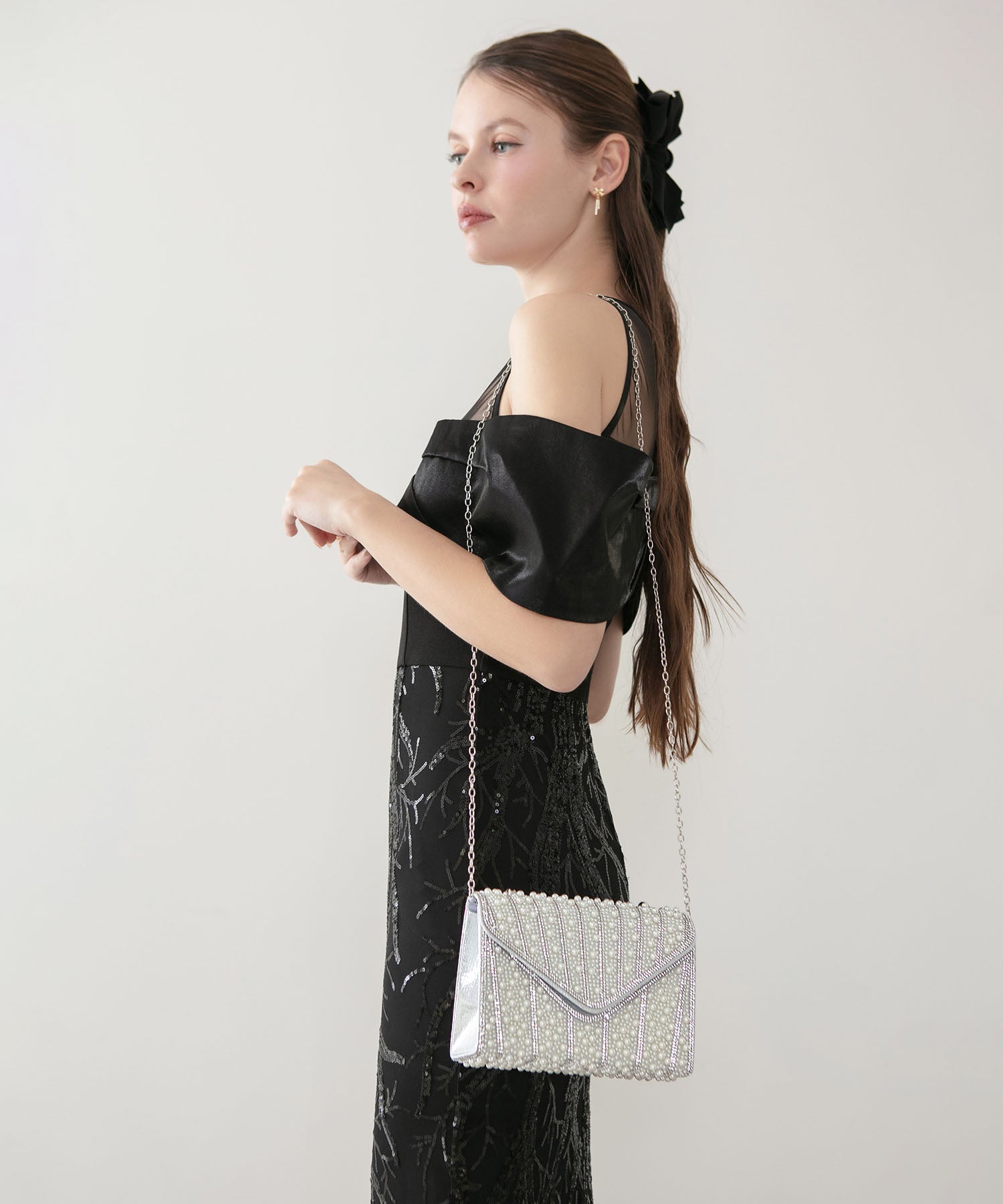 【当日発送】3WAYオールパールビジュー ストライプデザインバッグ