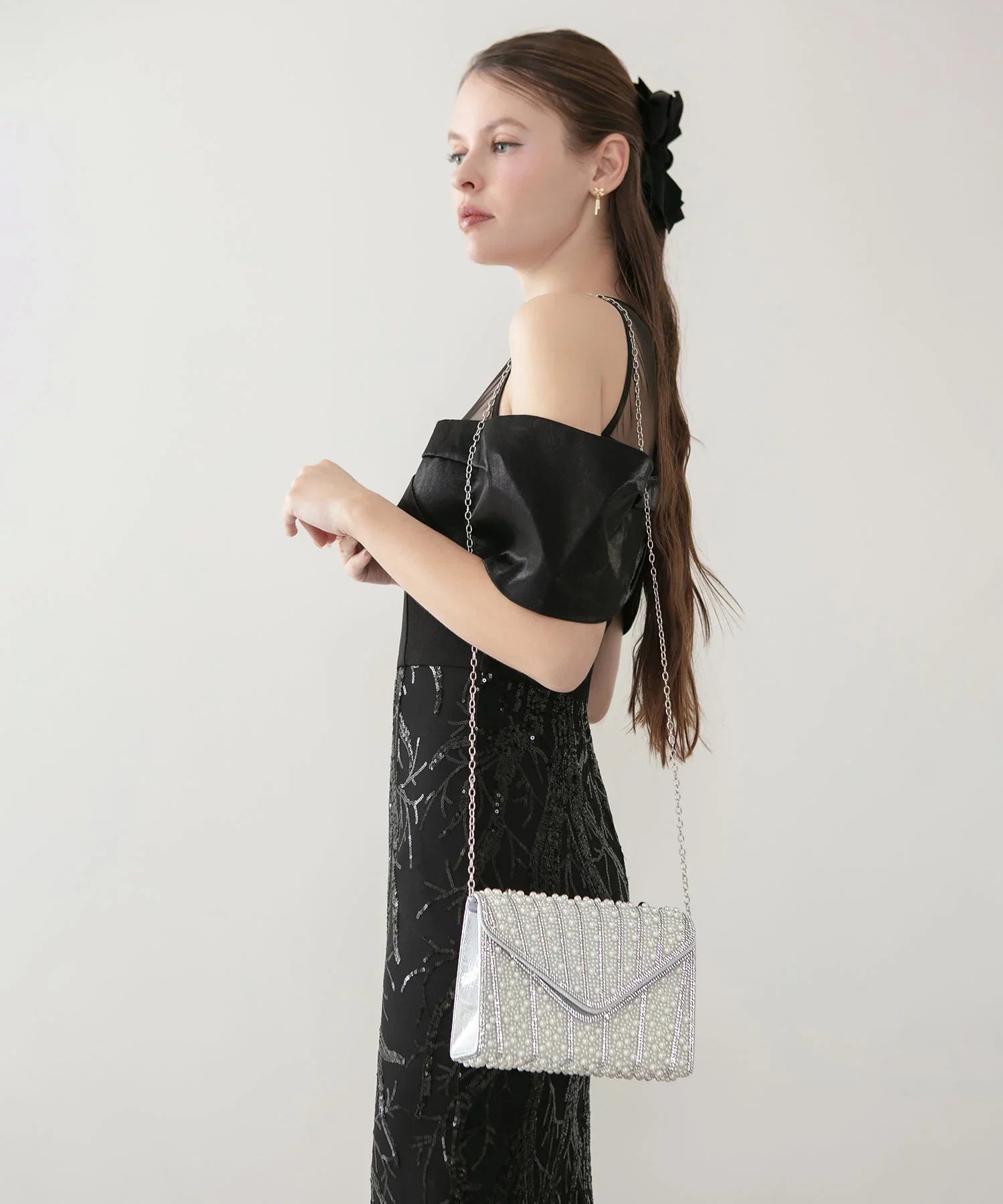 【予約販売】3WAYオールパールビジュー ストライプデザインバッグ