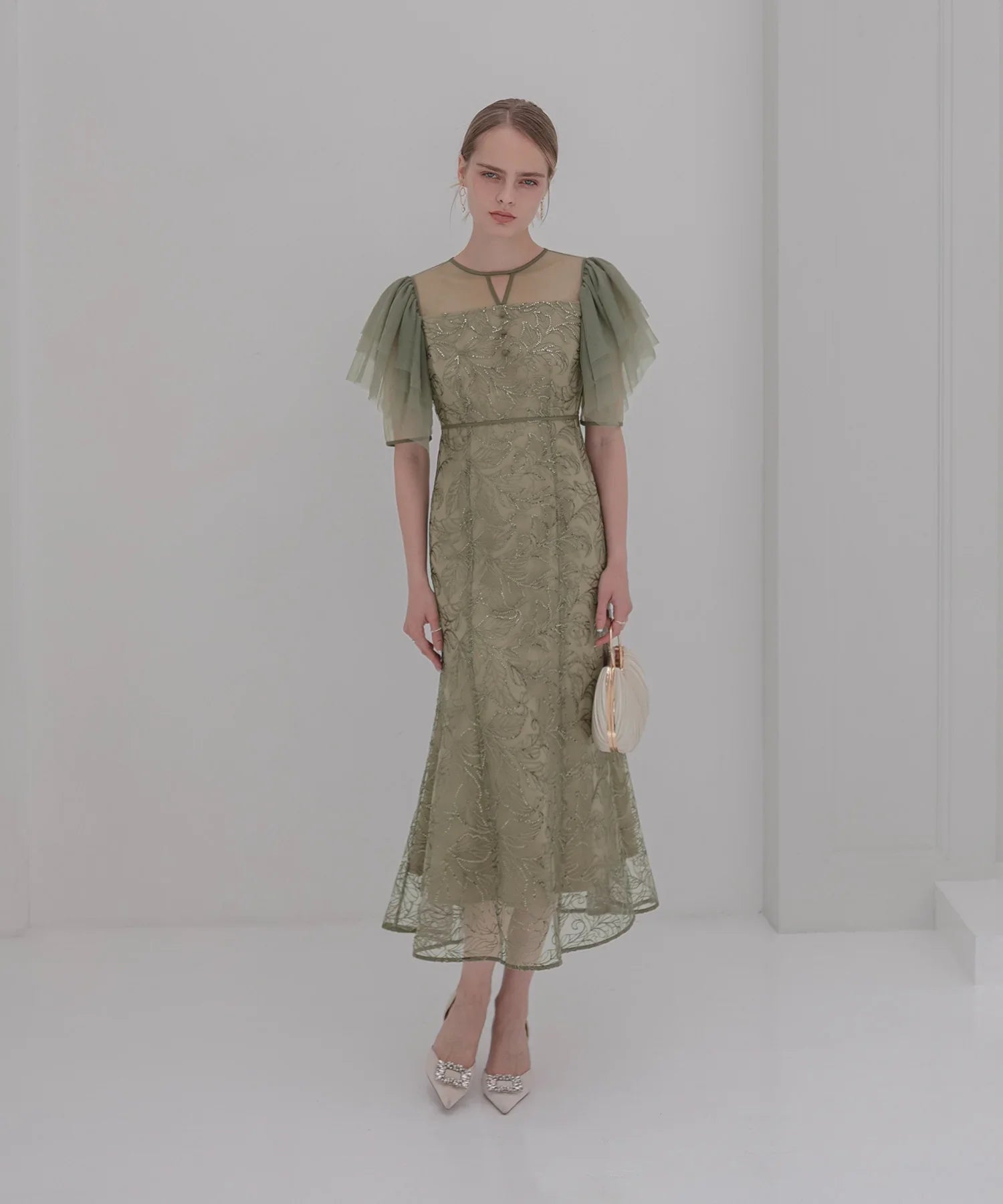 【当日発送】チュールスリーブボタニカルマーメイドワンピースドレス