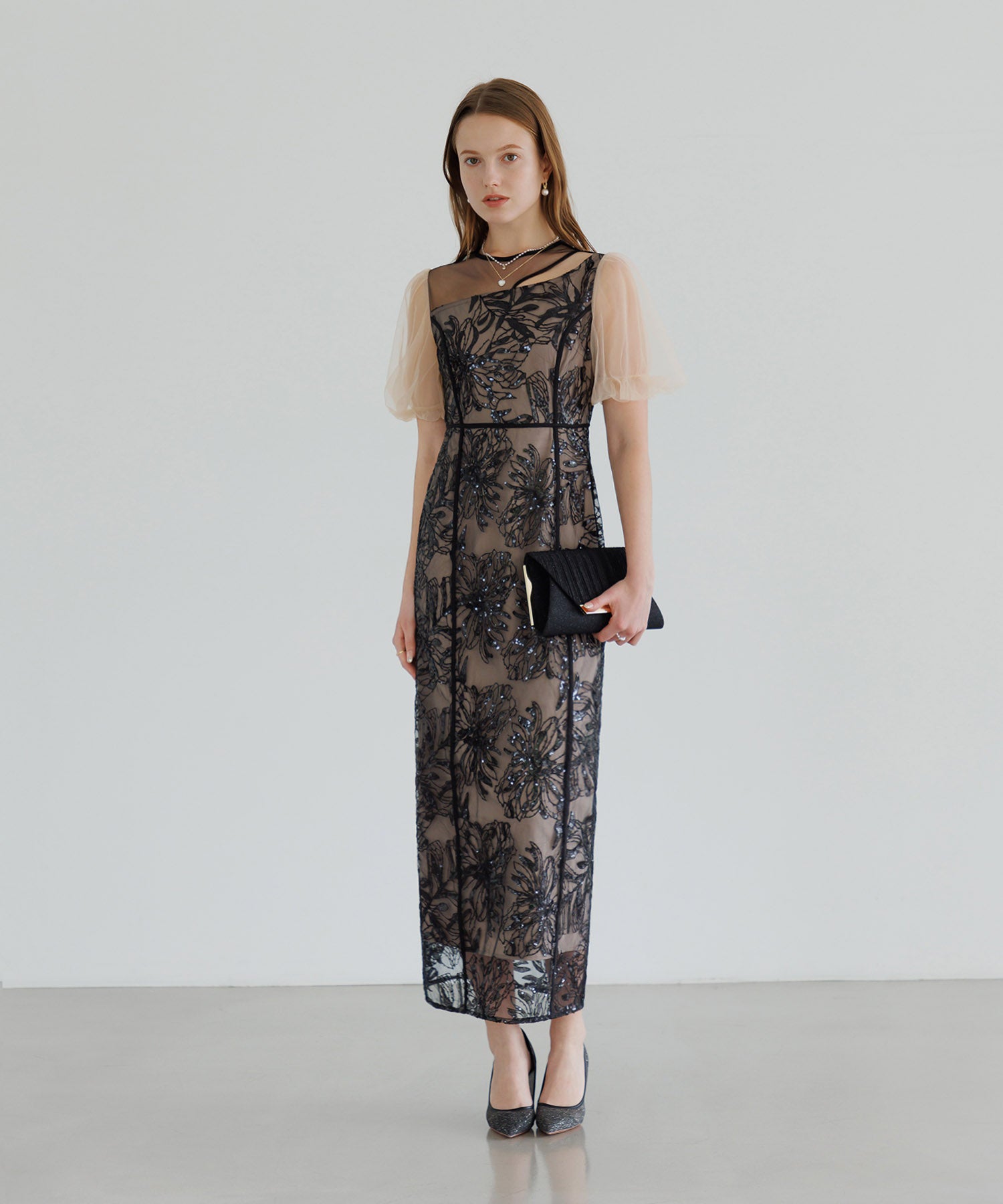 【当日発送】アシンメトリーシアーフラワーワンピースドレス