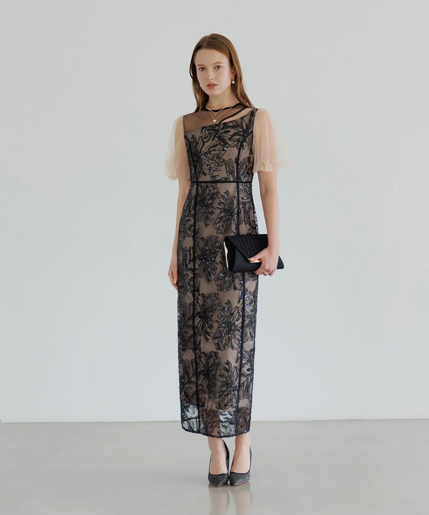 【当日発送】アシンメトリーシアーフラワーワンピースドレス