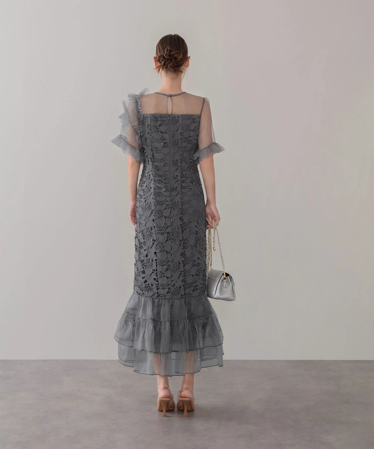 【当日発送】アシンメトリーチュールスリーブレースフリルヘムIラインワンピースドレス