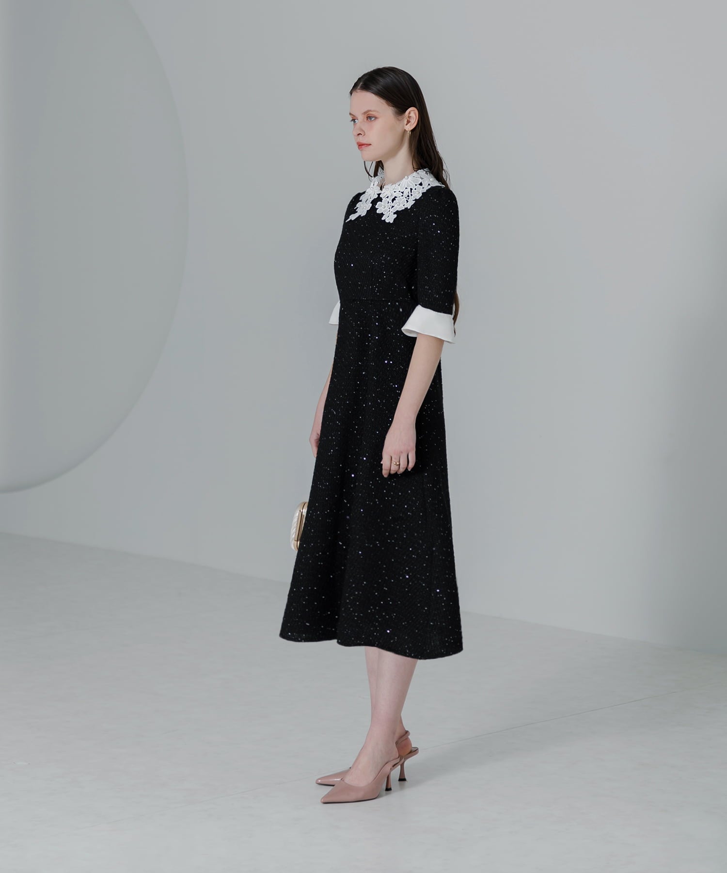 【当日発送】花柄レースカラースパンコールAラインワンピースドレス