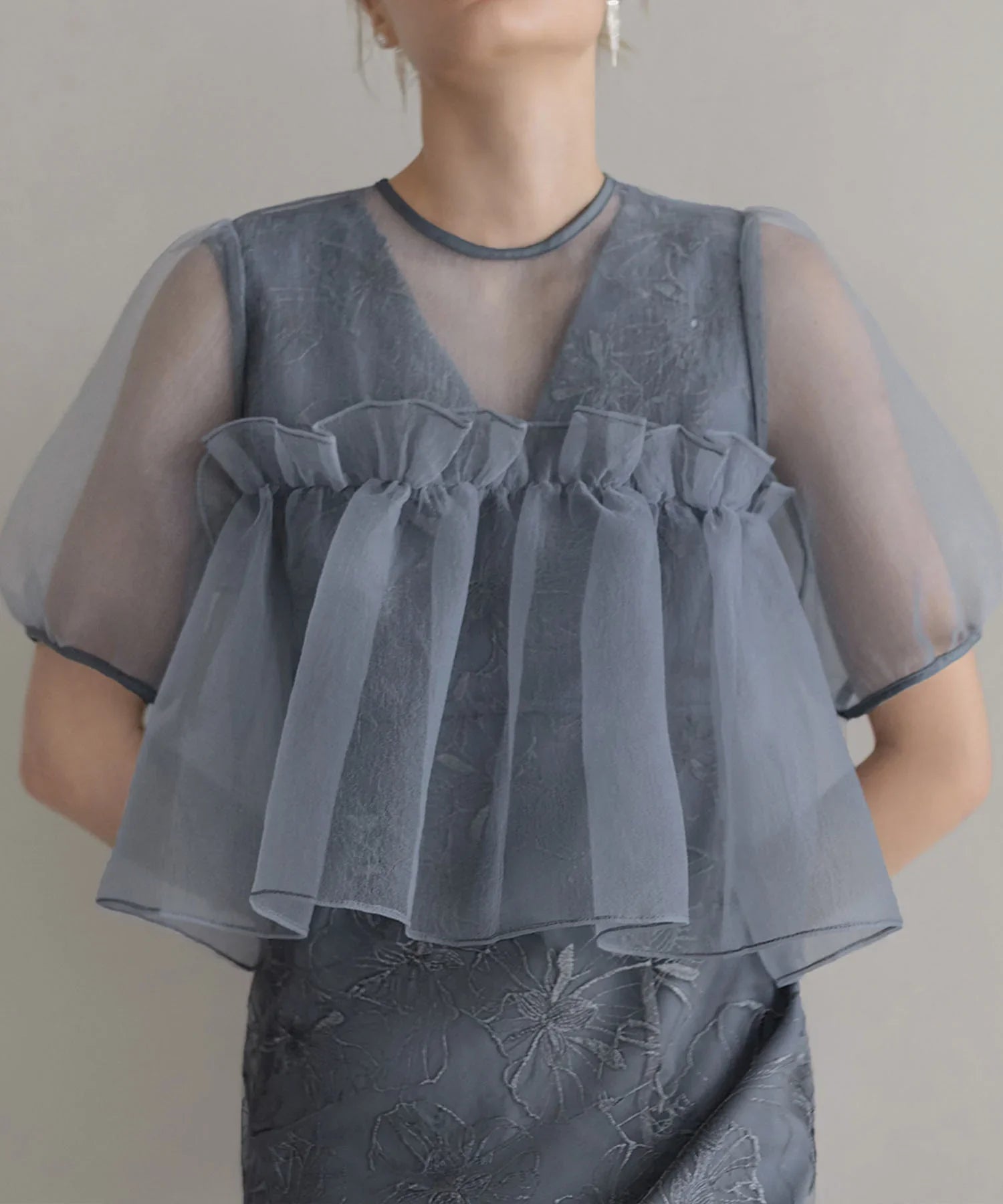 【当日発送】ボリュームシアーフリルジャガードIラインワンピースドレス