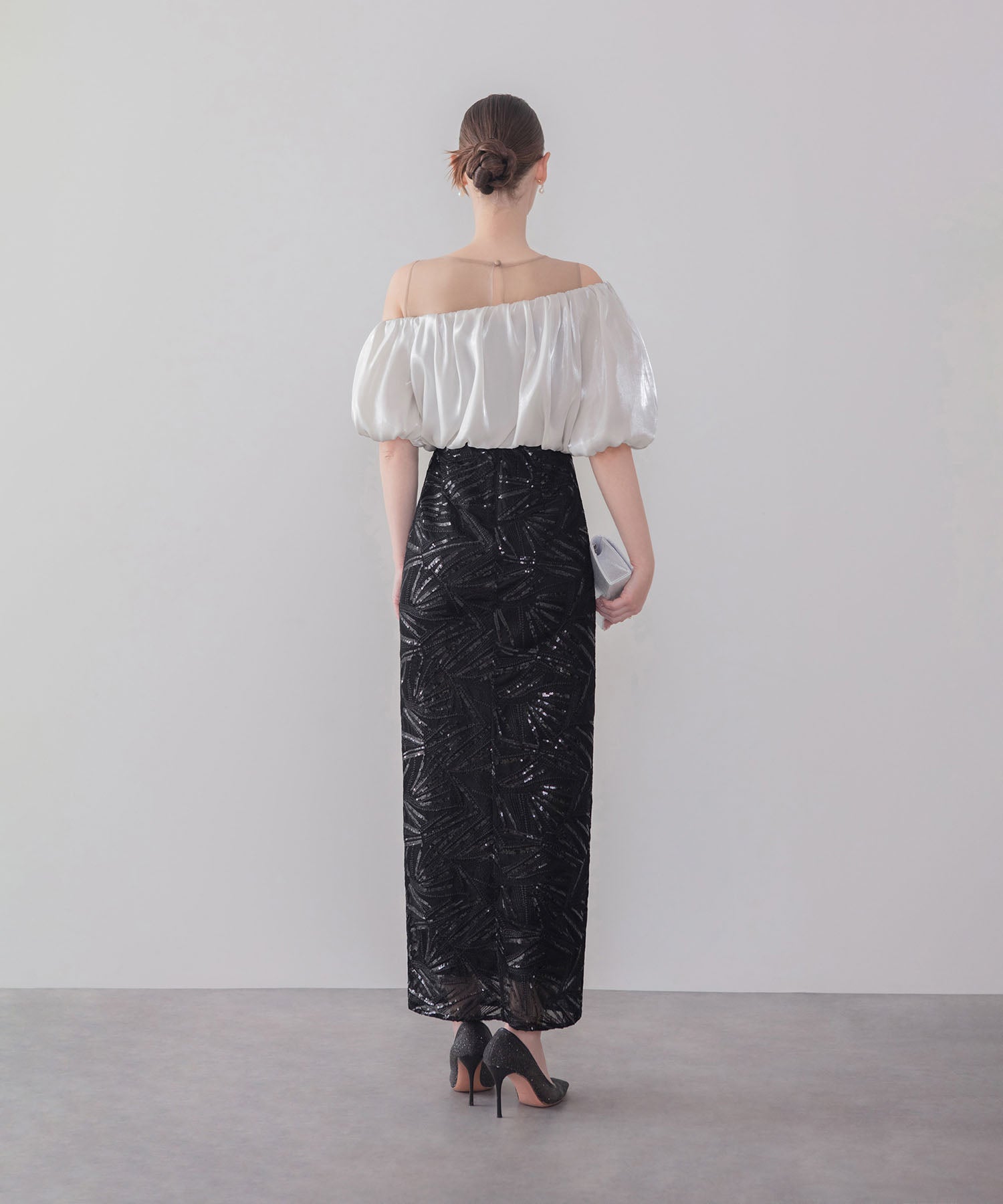 【COMING SOON】オフショルダースパンコールIラインスリットワンピースドレス