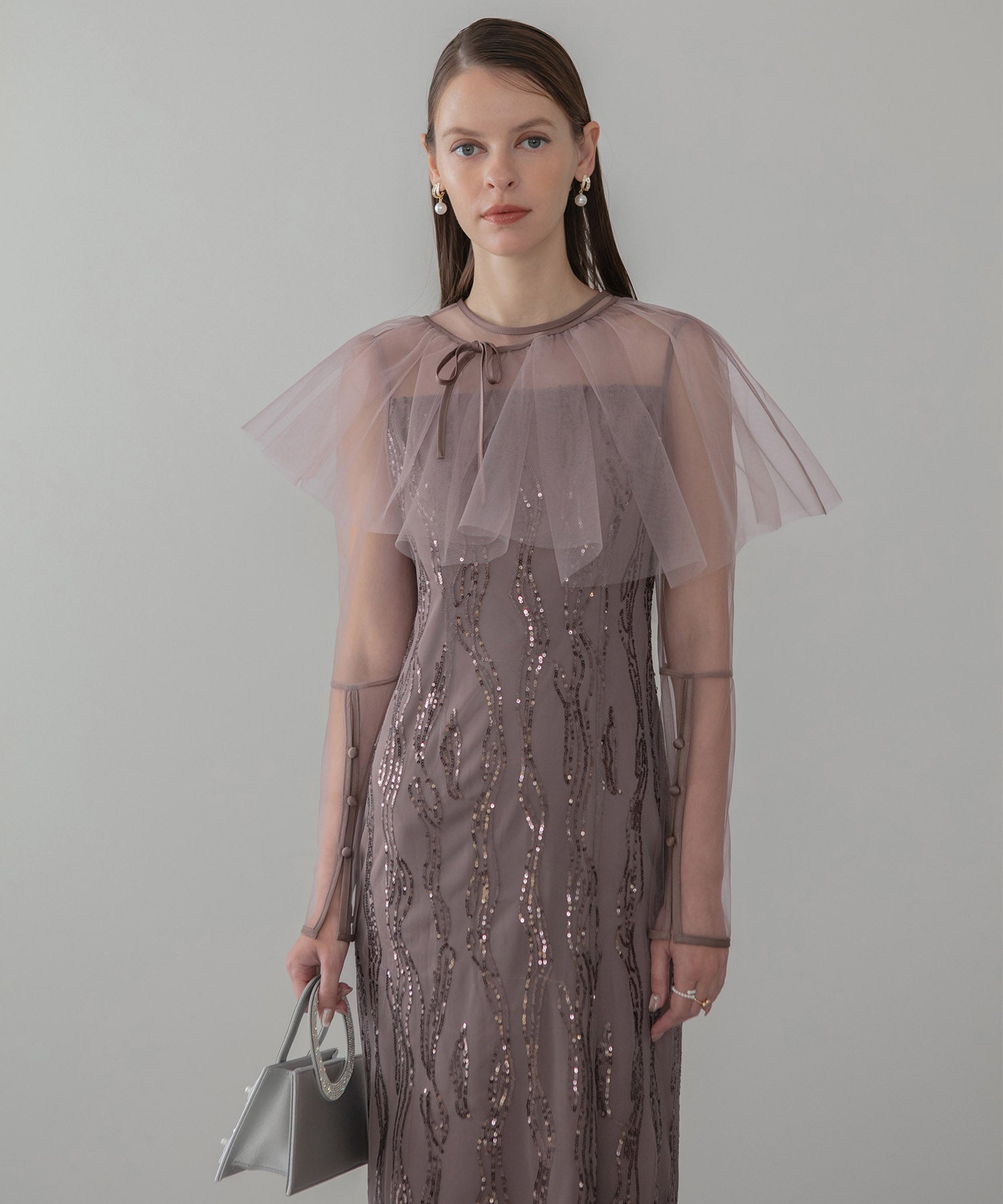 【当日発送】シアーケープスパンコールIラインワンピースドレス