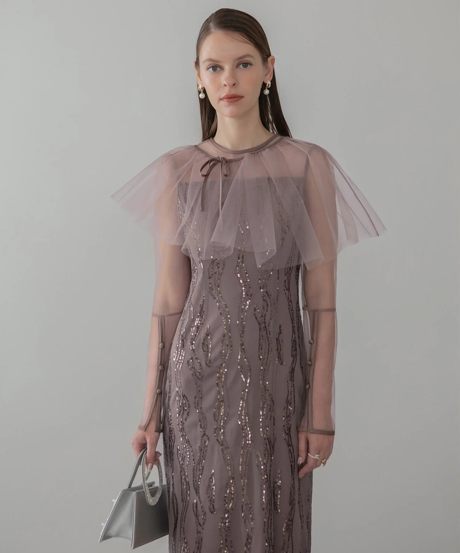 【当日発送】シアーケープスパンコールIラインワンピースドレス