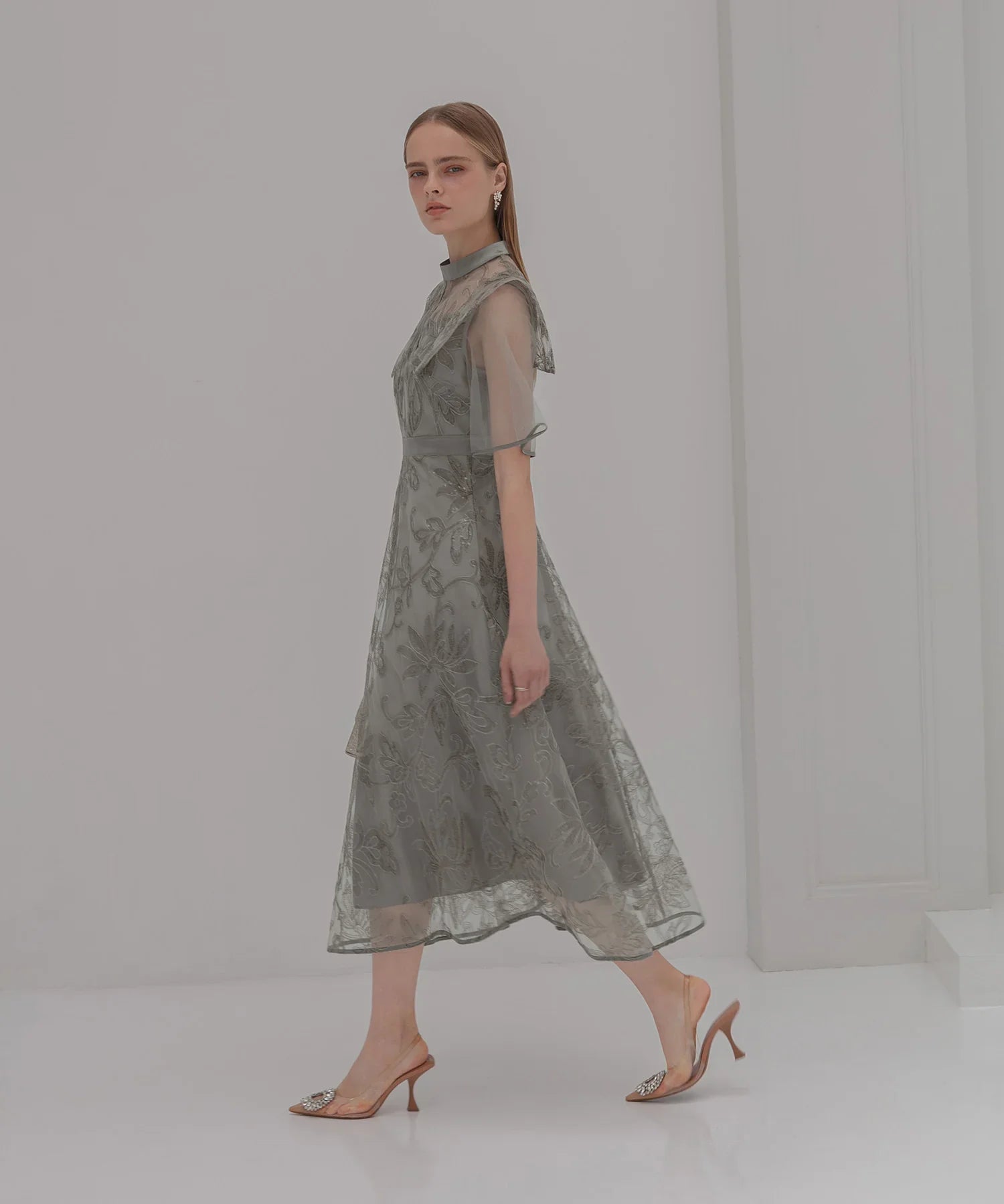 【一部当日発送】フラップデザインフラワースパンコールAラインワンピースドレス