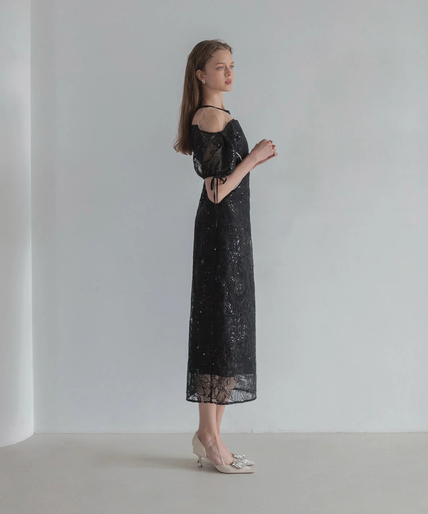 【SOLD OUT】スパンコールウエストデザインIラインワンピースドレス