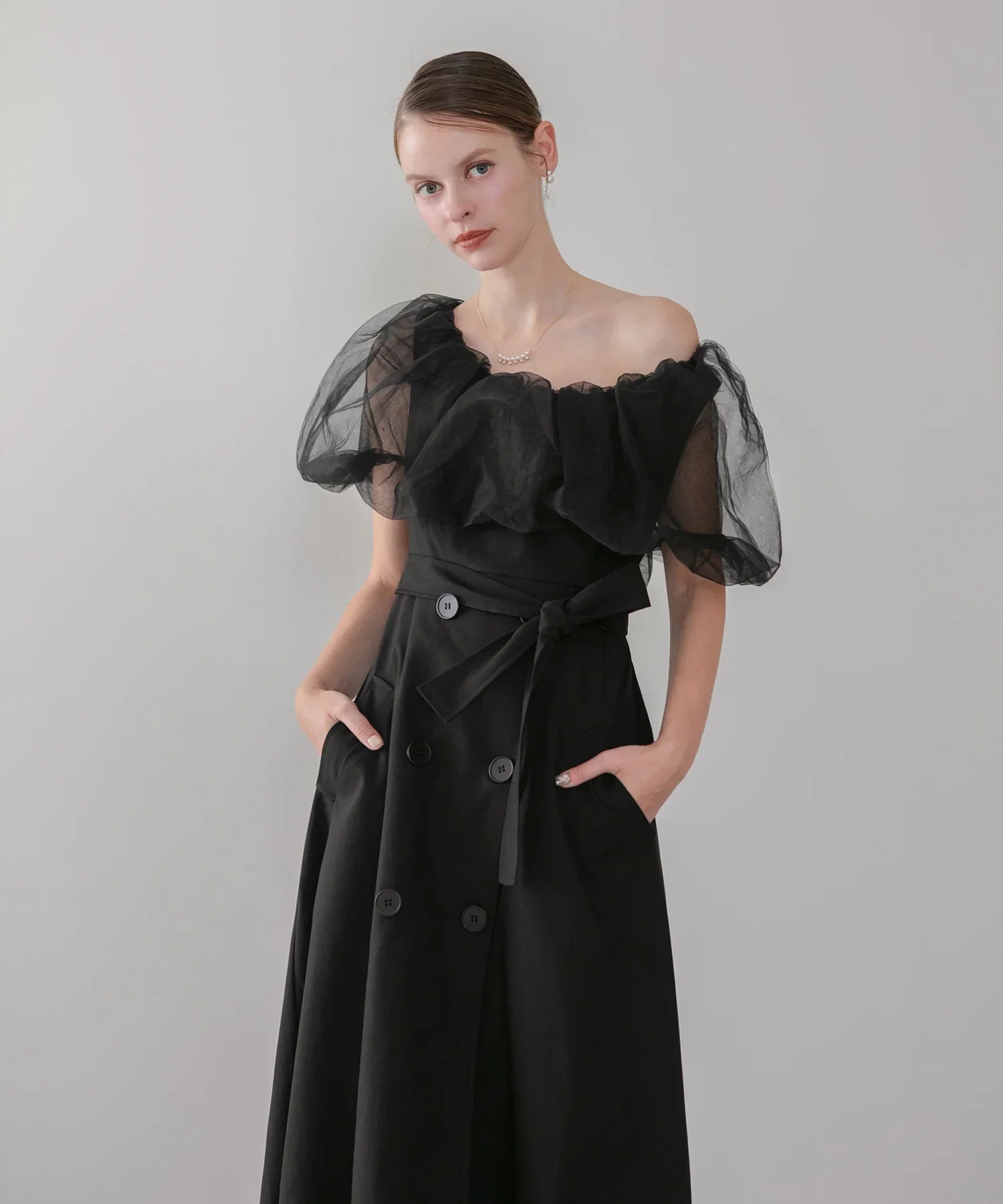 【当日発送】3WAYオフショルチュールトレンチディティールワンピ―スドレス