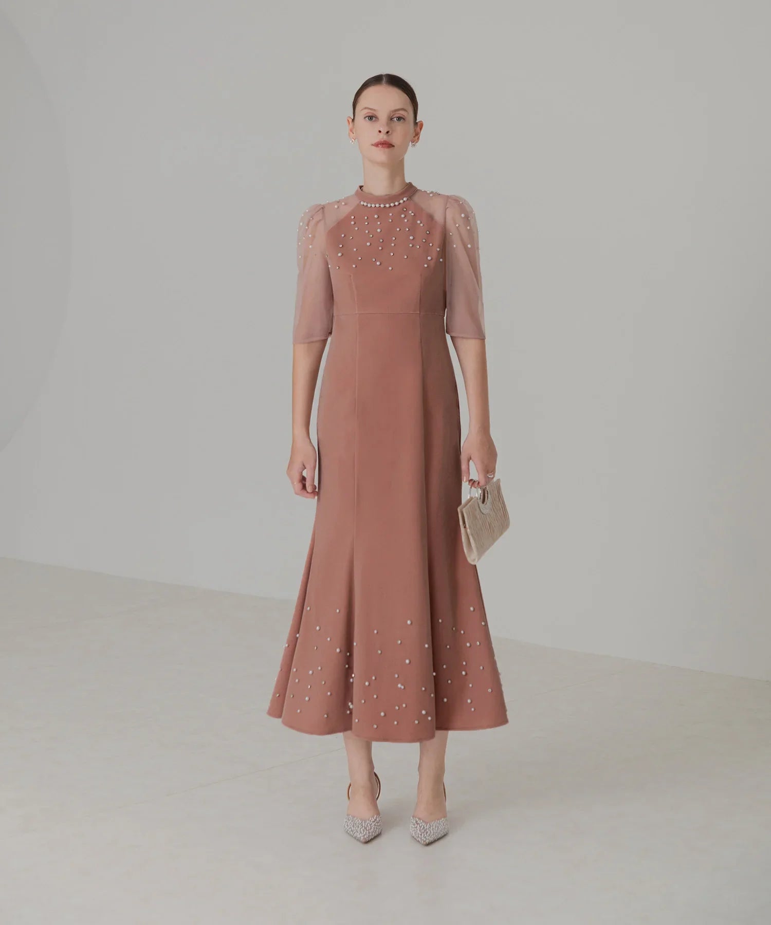 【当日発送】シアースリーブパールビジューベロアマーメイドワンピースドレス