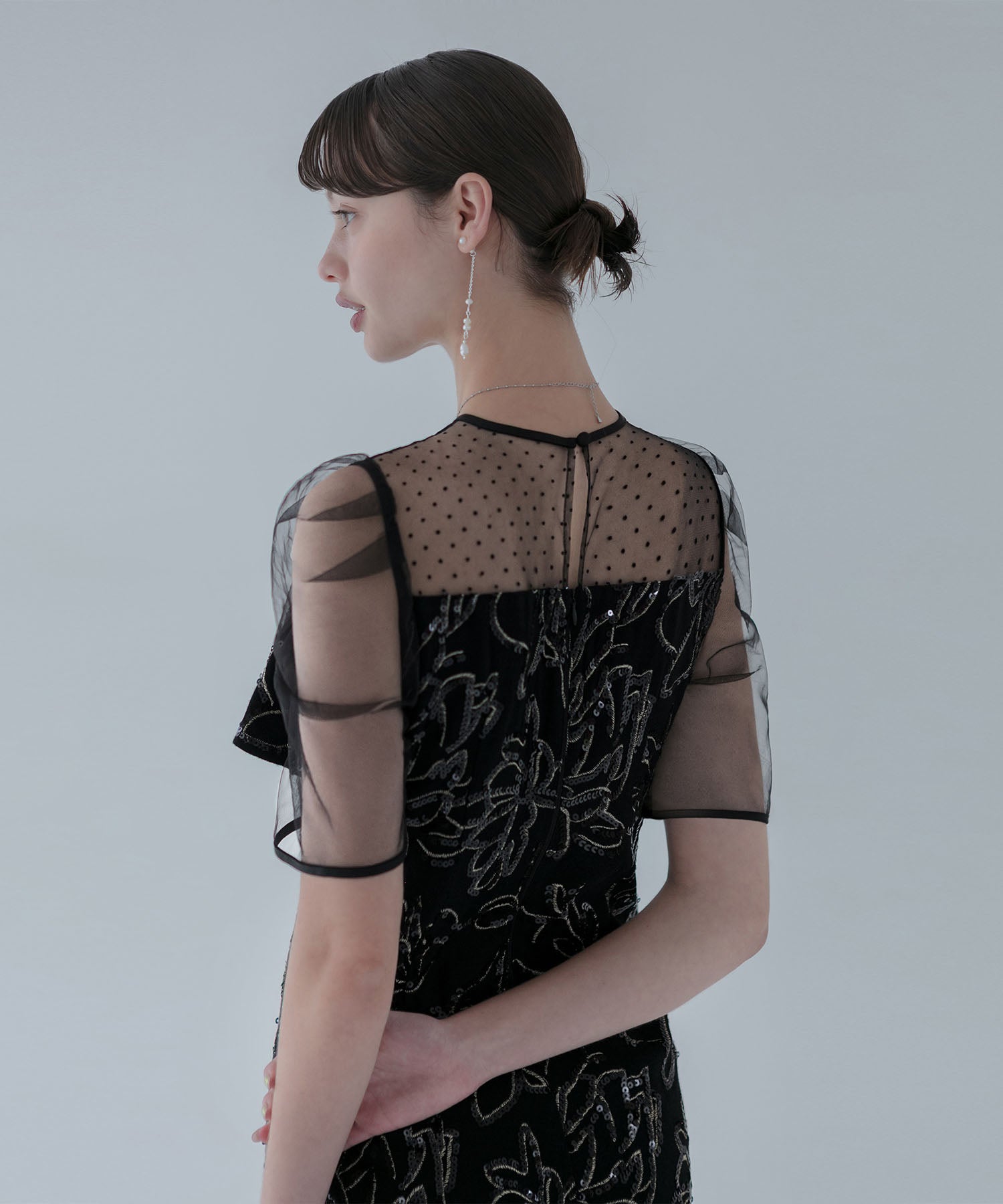 【当日発送】ドットチュールフラワースパンコールIラインワンピースドレス