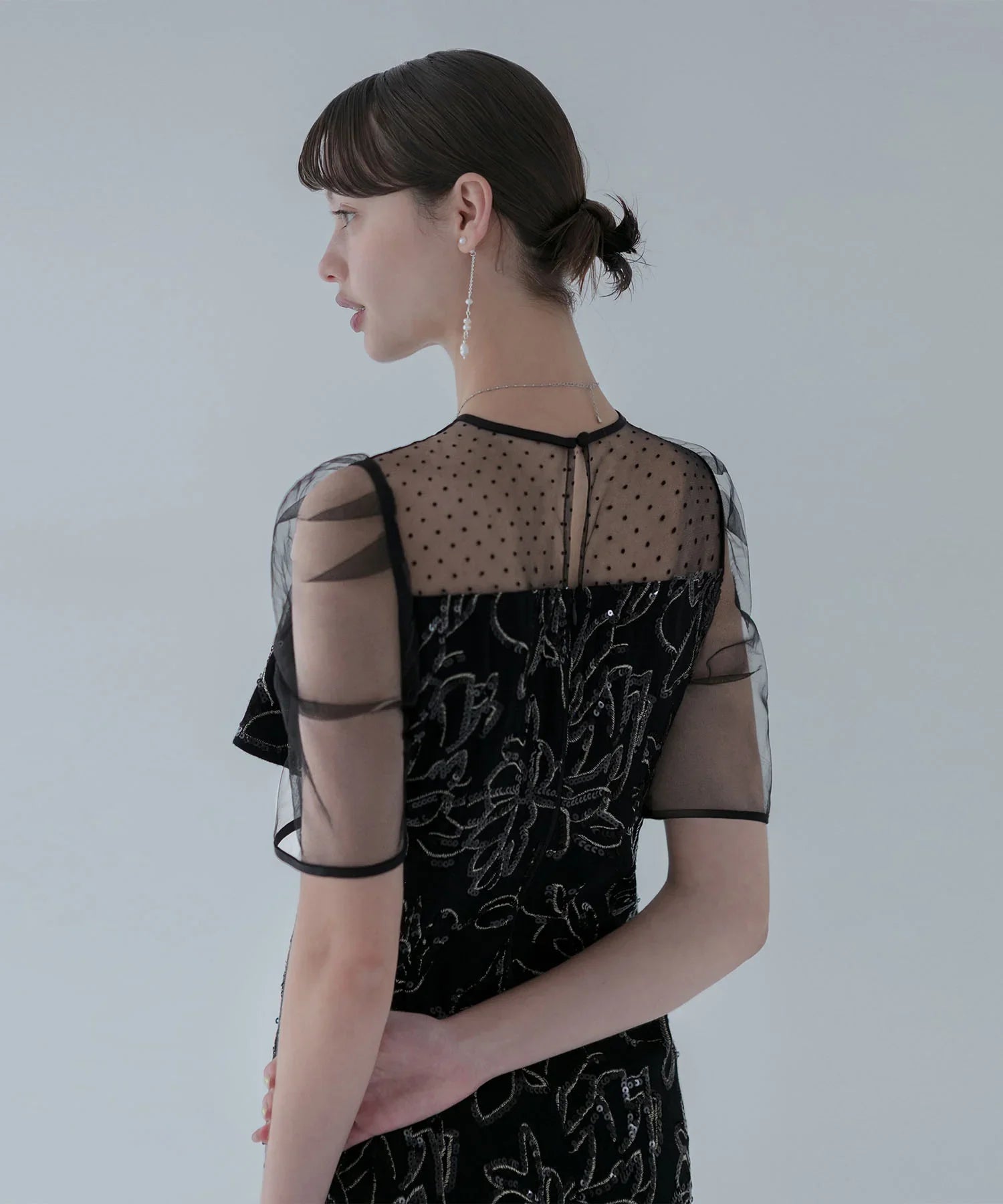 【当日発送】ドットチュールフラワースパンコールIラインワンピースドレス