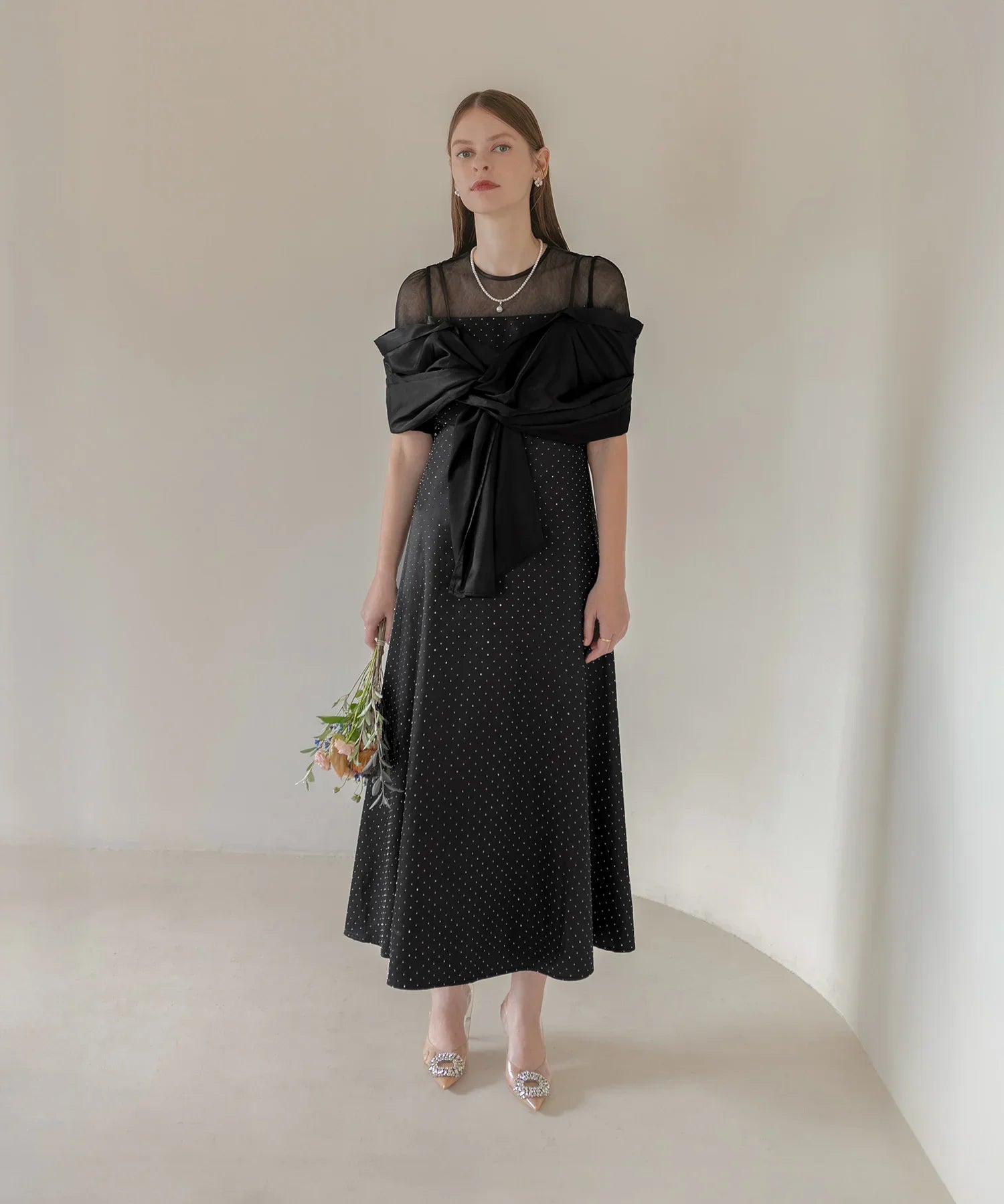 【SOLD OUT】2WAYリボンボレロドットストーンワンピースドレス