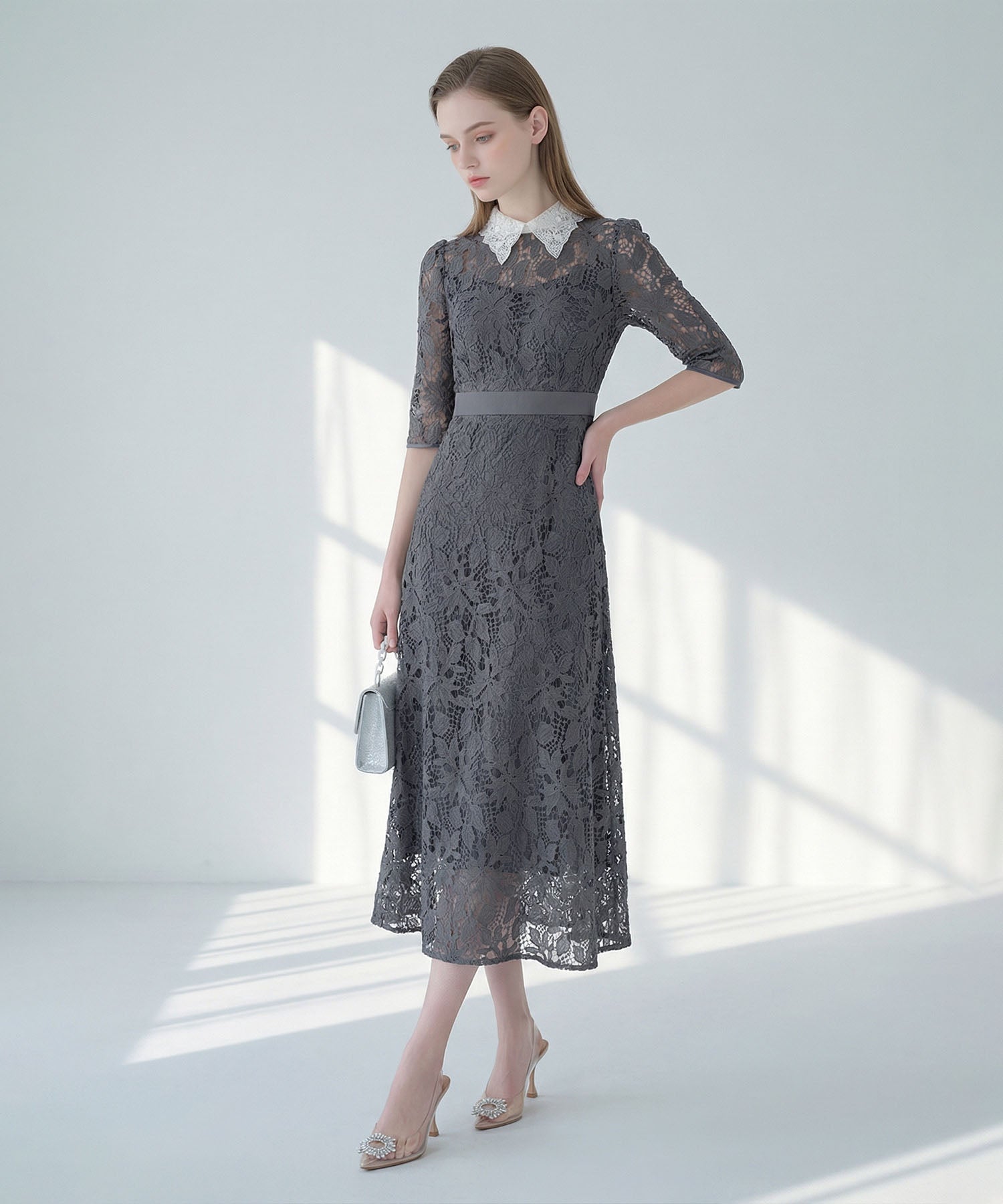 【当日発送】花柄レースビジューカラーAラインワンピースドレス