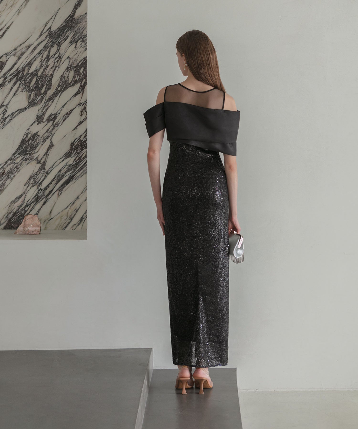 【LEJA LUXE】シースルーアシンメトリースパンコールスリットIラインドレス