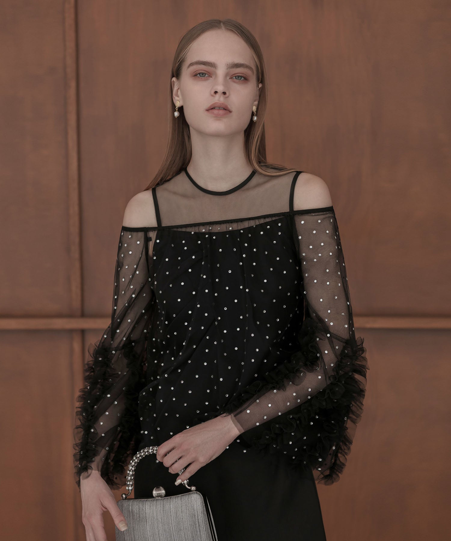 【当日発送】ドットストーンオフショルIラインワンピースドレス