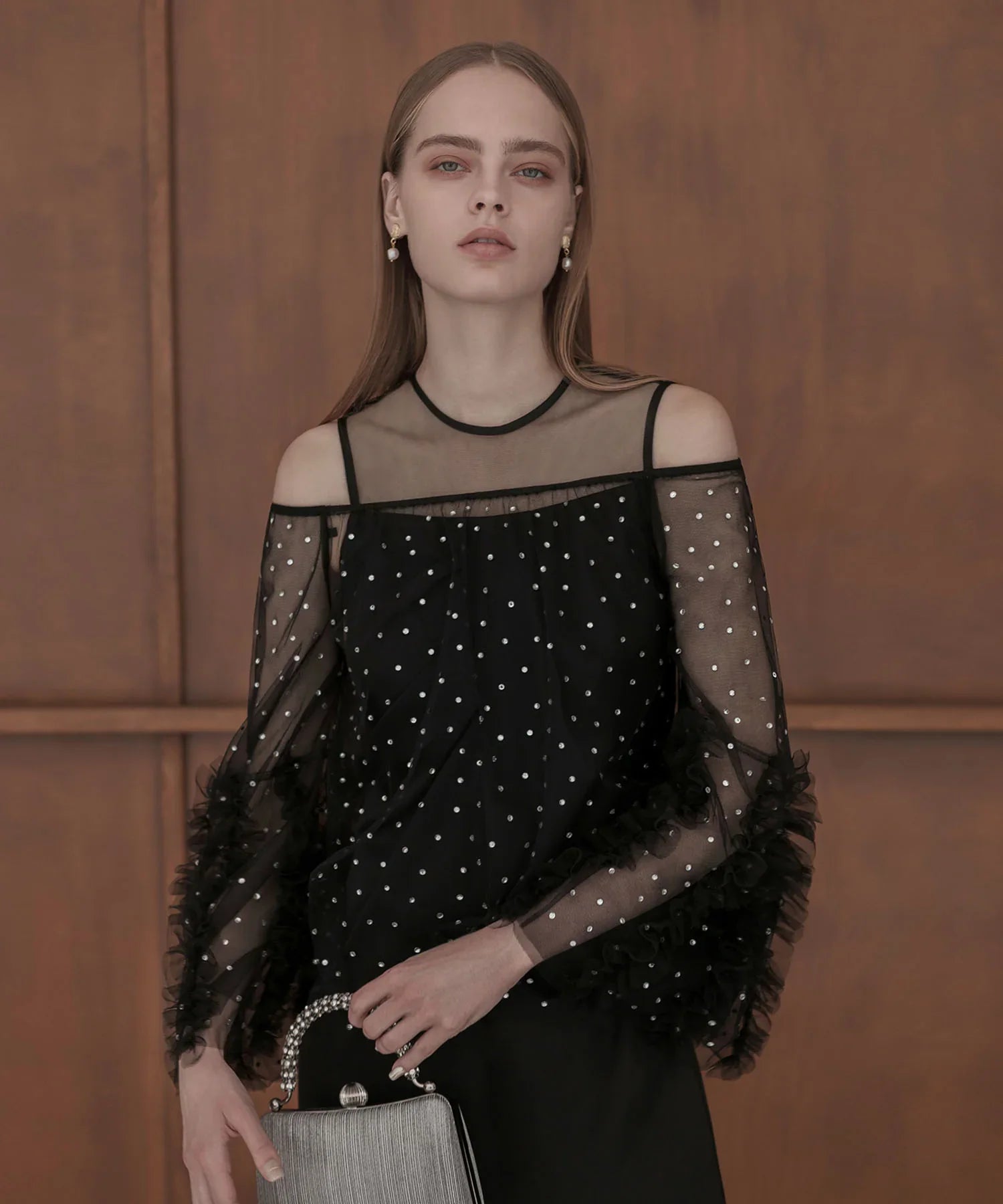 【当日発送】ドットストーンオフショルIラインワンピースドレス