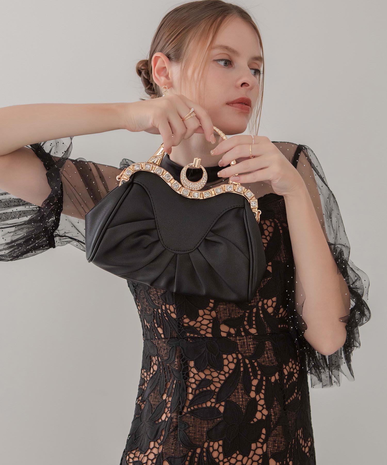 【当日発送】フェイクレザープリーツデザインビジュー2WAYショルダーバッグ