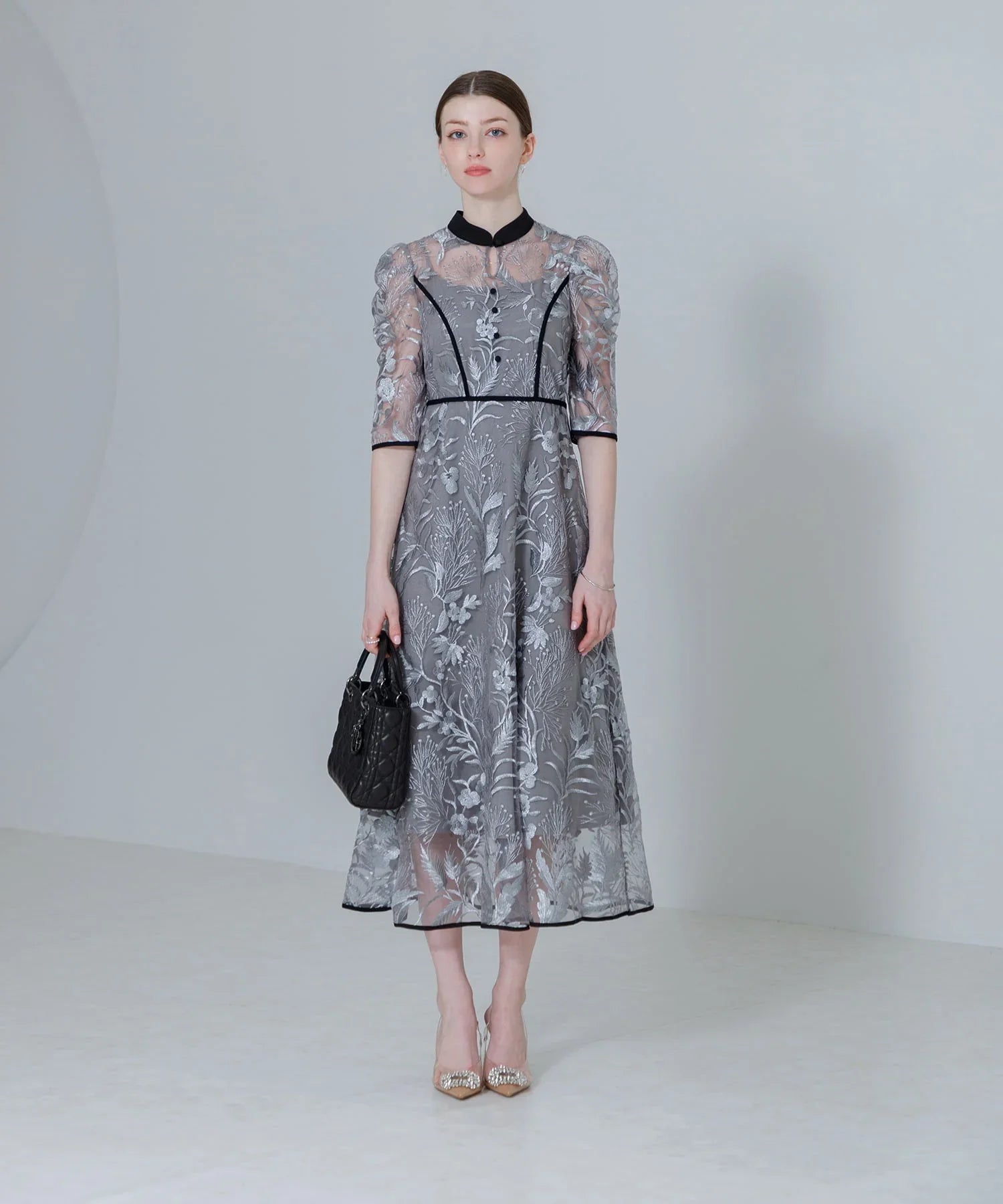 【当日発送】花柄チュールパフスリーブワンピースドレス