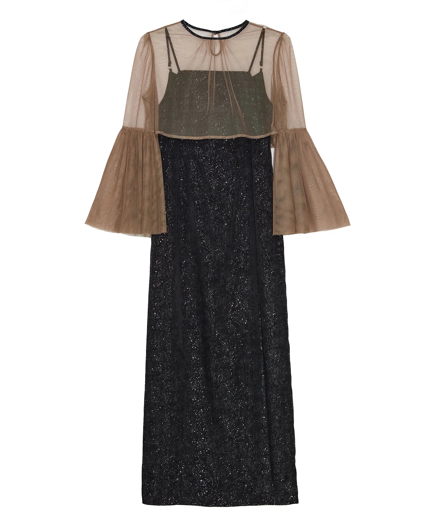 【一部当日発送】シアーチュールベルスリーブペイントIラインワンピースドレス