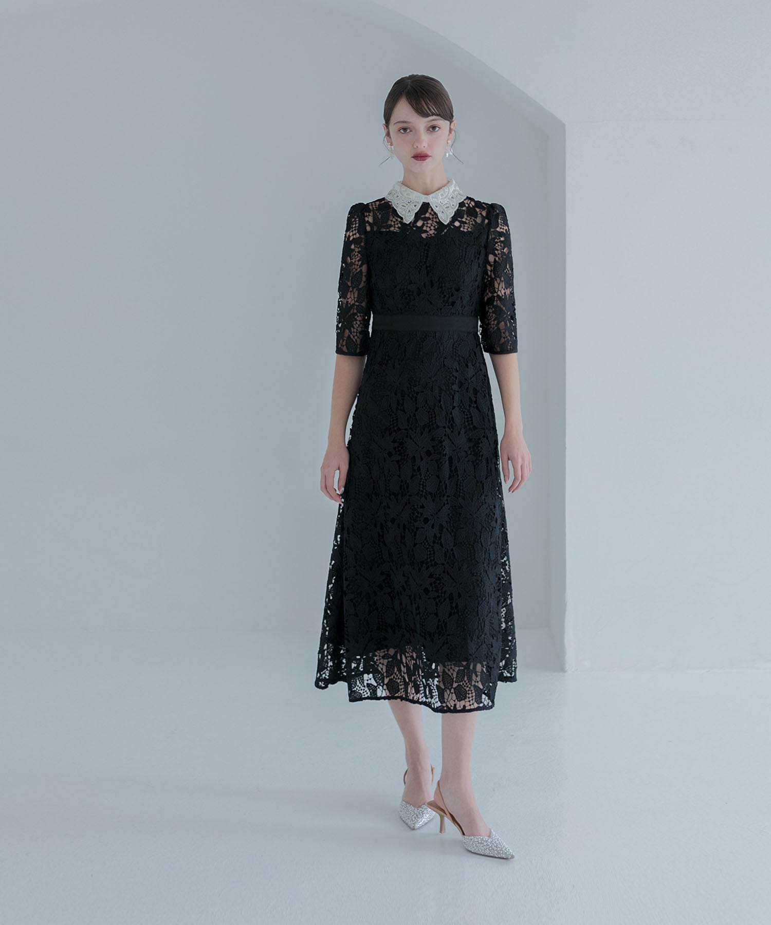 【一部当日発送】花柄レースビジューカラーAラインワンピースドレス